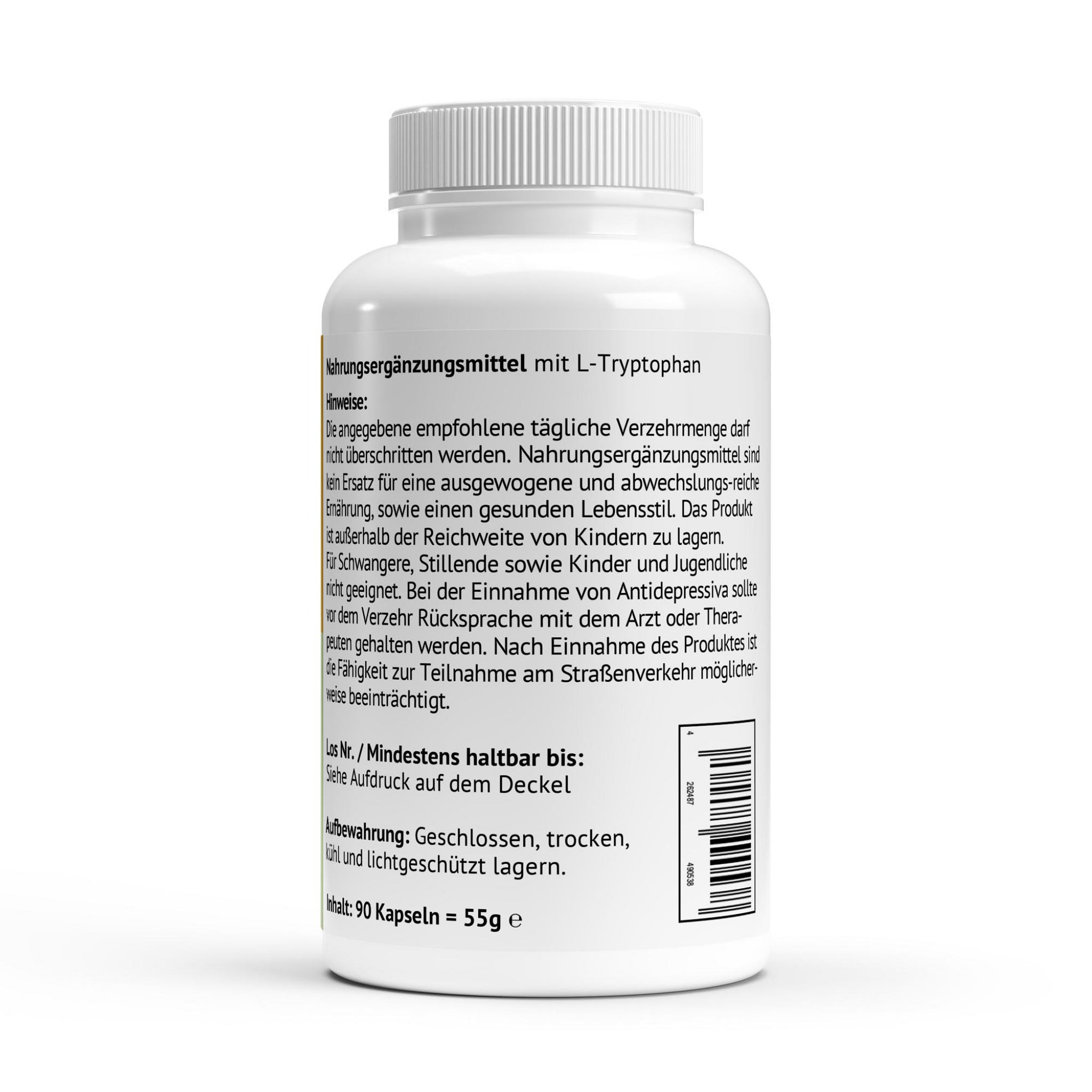 Wichtige Sicherheitshinweise, Lagerungsinformationen und Inhalt (90 Kapseln) der L-Tryptophan Nahrungsergänzung.