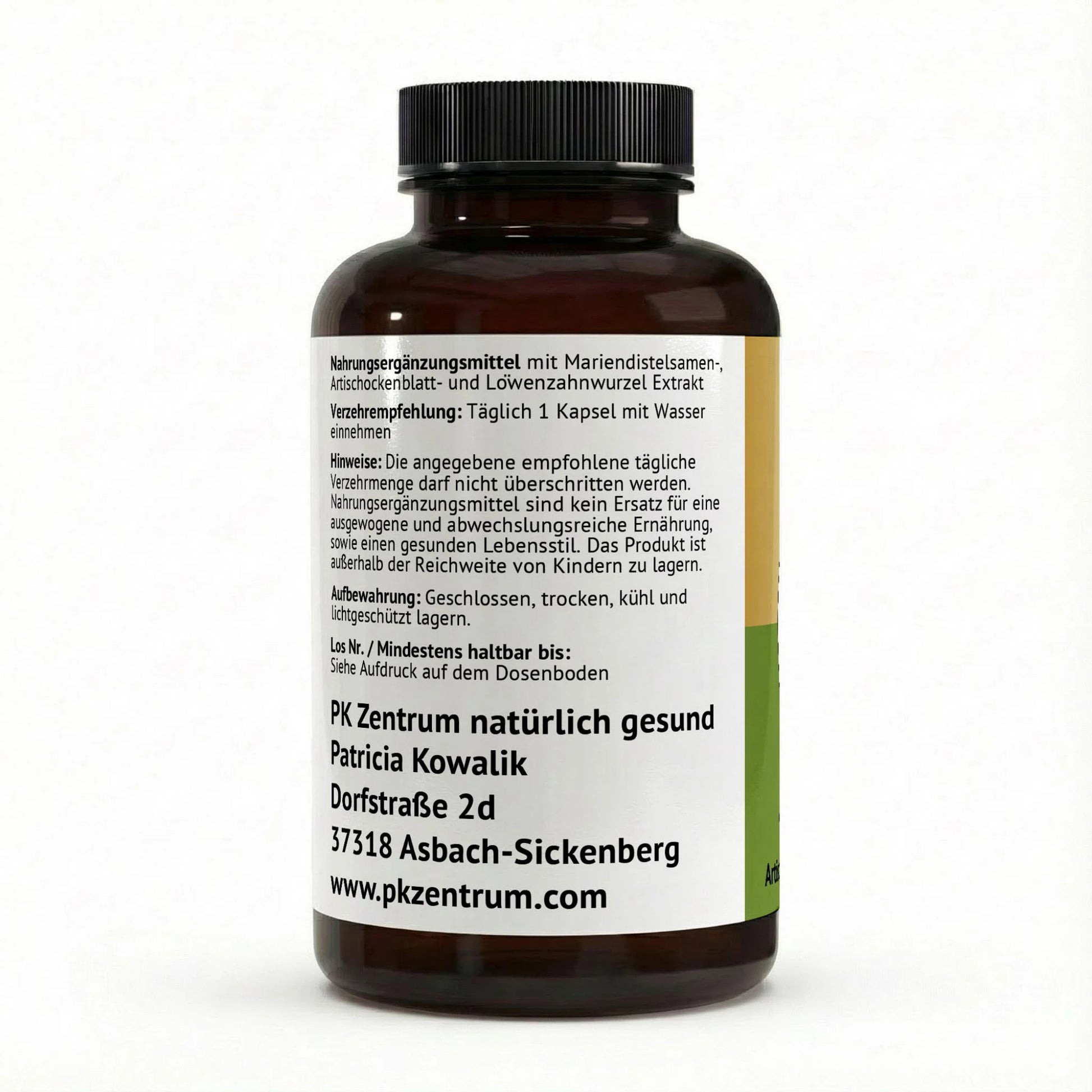 Rückseite der Produktverpackung mit Verzehrempfehlung von einer Kapsel täglich und Adresse vom PK Zentrum.