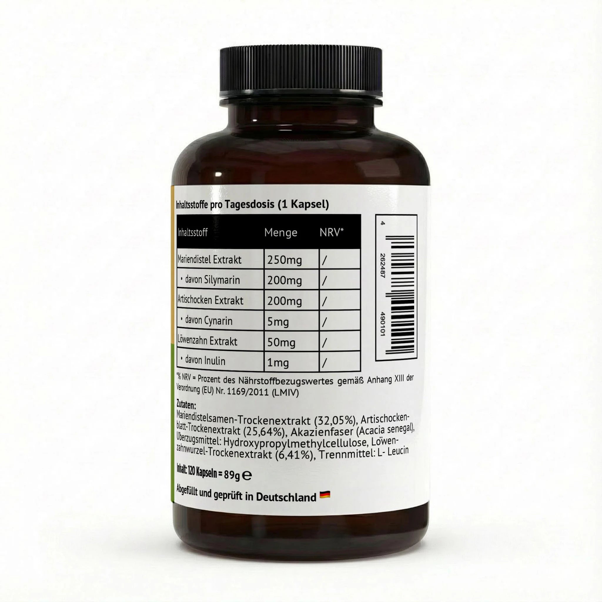 Nährwerttabelle des Leber Komplex: Enthält pro Kapsel 250mg Mariendistel Extrakt mit 200mg Silymarin sowie Artischocken- und Löwenzahn-Extrakt vom PK Zentrum.