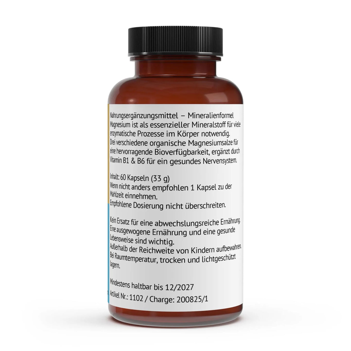 Detaillierte Produktinformationen zum Magnesium komplex + Vitamin B1 & B6 + Inulin vom PK Zentrum. Dose Seitenansicht mit Beschreibung, Inhalt, Dosierung, Hinweisen Haltbarkeit.