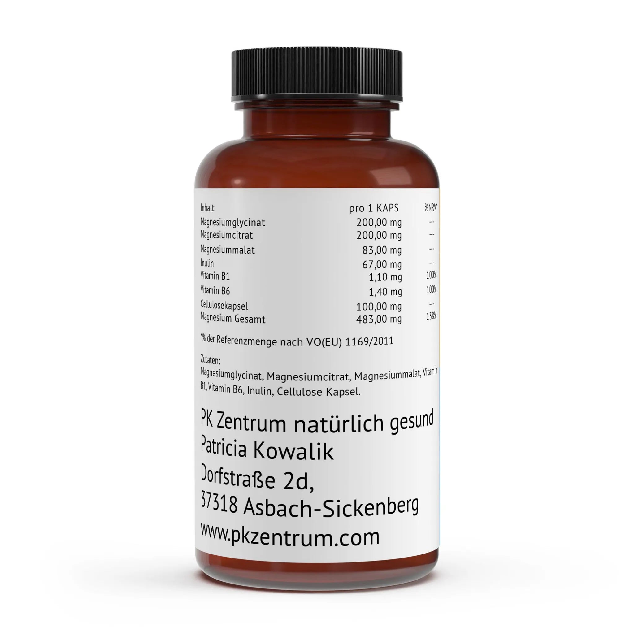 Detaillierte Nährwerttabelle für Magnesium Komplex + Vitamin B1 & B6 + Inulin vom PK Zentrum. Dose Rückansicht mit Nährwerttabelle, Zutaten und Händleradresse.