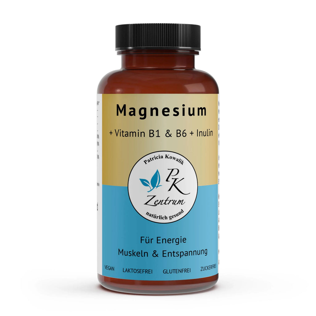 PK Zentrum Magnesium Kapseln + Vitamin B1 & B6 + Inulin Dosen Frontansicht für Energie, Muskeln und Entspannung. Vegan, laktosefrei und glutenfrei.