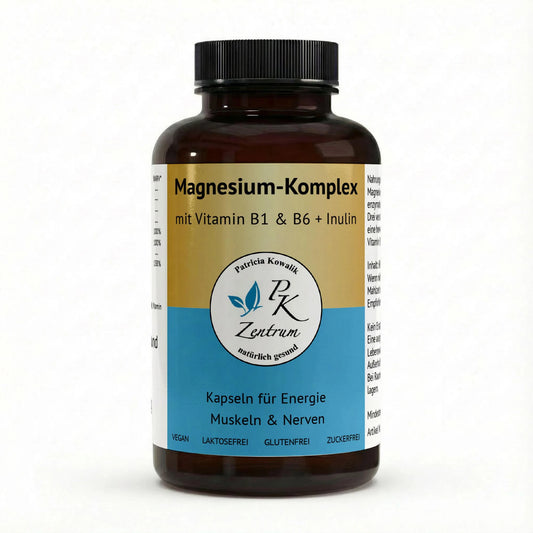 PK Zentrum Magnesium Kapseln + Vitamin B1 & B6 + Inulin Dosen Frontansicht für Energie, Muskeln und Entspannung. Vegan, laktosefrei und glutenfrei.