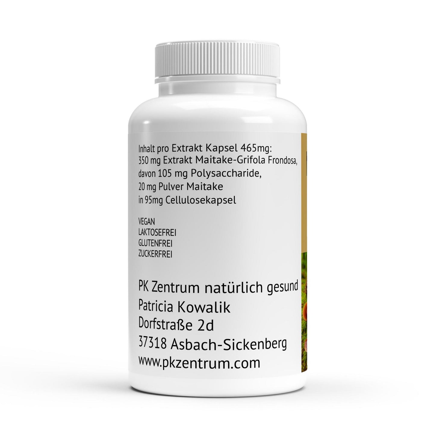 Etikett Maitake Vitalpilz Extrakt mit Inhaltsstoffen.