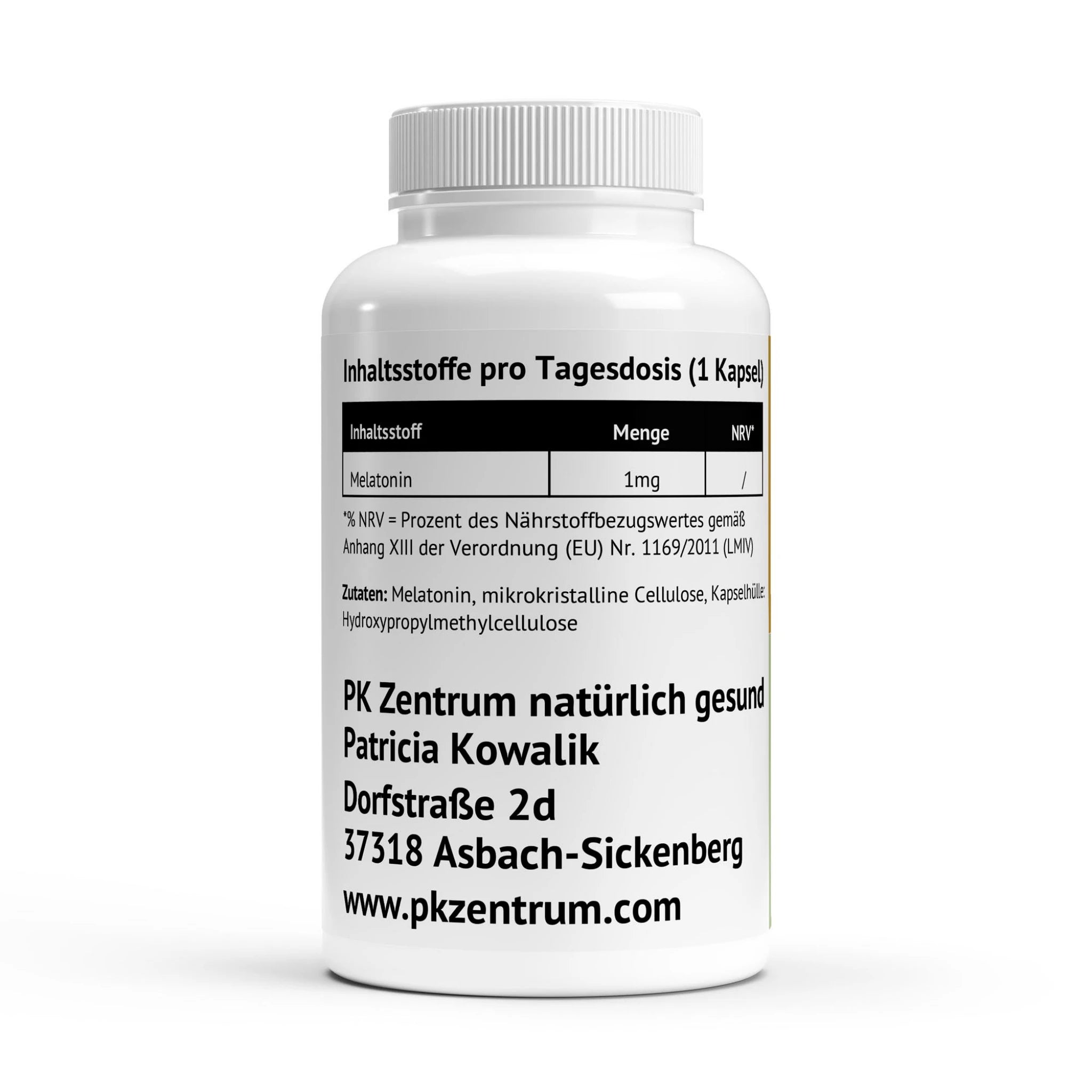 Tabelle der Inhaltsstoffe pro Tagesdosis mit 1 mg Melatonin sowie Herstellerangaben vom PK Zentrum natürlich gesund.