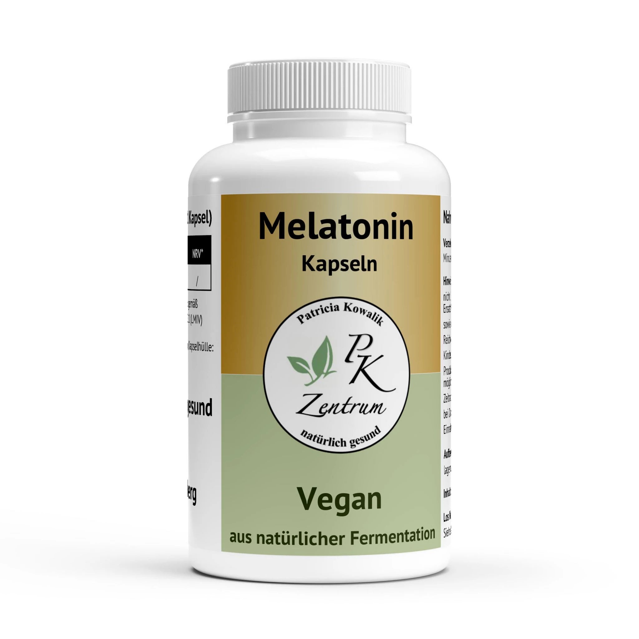 Frontansicht der Melatonin Kapseln Dose von PK Zentrum natürlich gesund, vegan und aus natürlicher Fermentation.