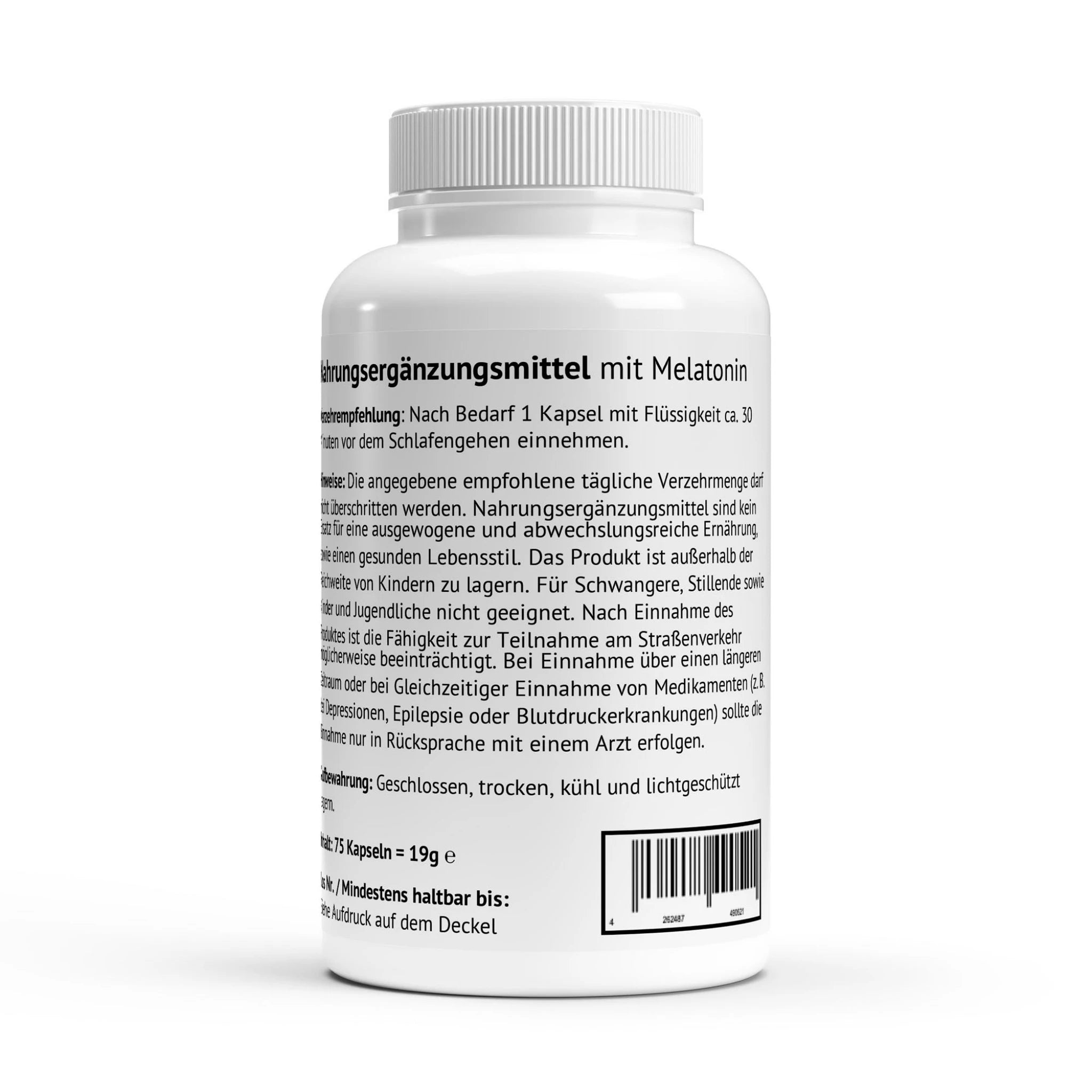 Rückansicht der Verpackung mit Verzehrempfehlung (1 Kapsel vor dem Schlafen) und wichtigen Sicherheitshinweisen.