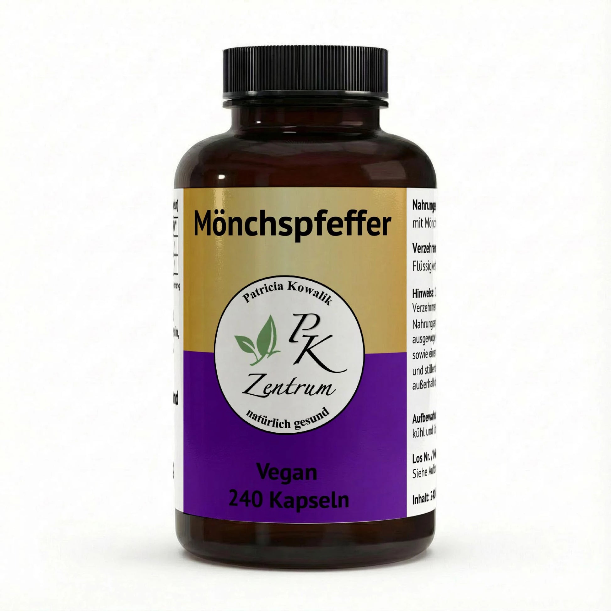 Mönchspfeffer Kapseln von PK Zentrum natürlich gesund, vegane Vorratspackung mit 240 Kapseln, Frontansicht der Braunglasflasche.