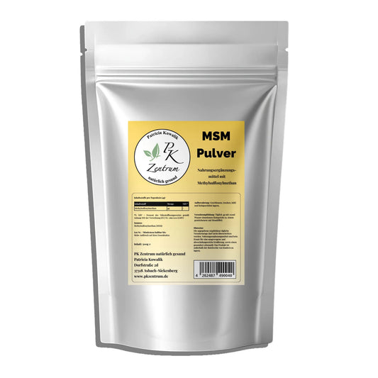Hochwertiges MSM Pulver 500g Beutel von PK Zentrum natürlich gesund – 100% Methylsulfonylmethan ohne Zusätze.