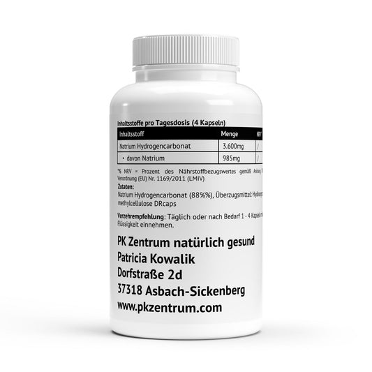 Nährwerttabelle der Natrium Hydrogencarbonat Kapseln mit 3.600mg pro Tagesdosis und Auflistung der Inhaltsstoffe sowie Verzehrempfehlung.