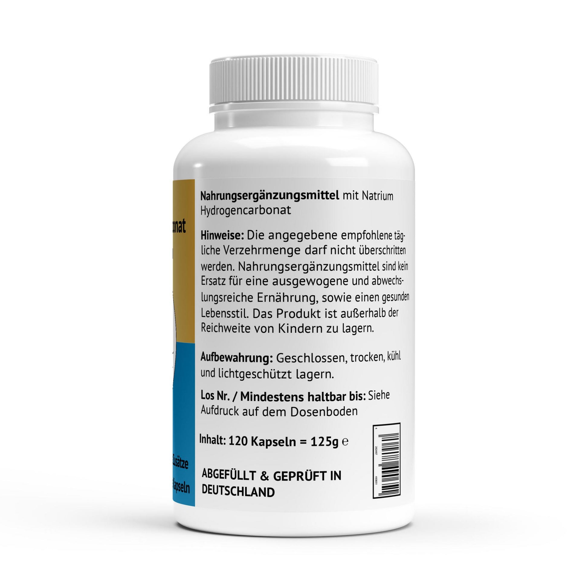 Rückansicht der Verpackung mit Verzehrhinweisen, Aufbewahrungsinfos und dem Siegel „Abgefüllt & Geprüft in Deutschland“.