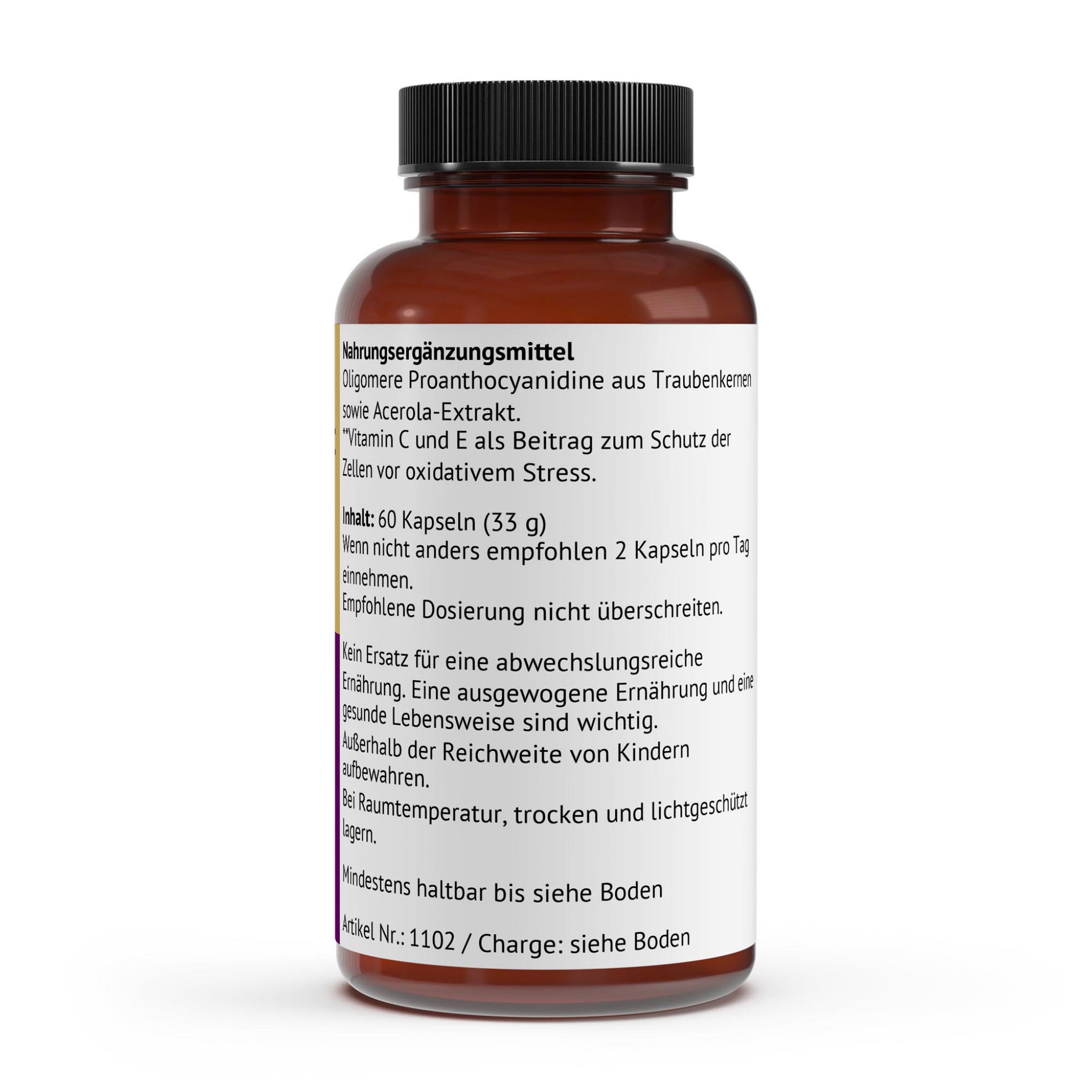 PK Zentrum - Rückansicht der OPC Traubenkernextrakt Dose mit Verzehrempfehlung von 2 Kapseln täglich und Hinweisen zum Schutz vor oxidativem Stress.