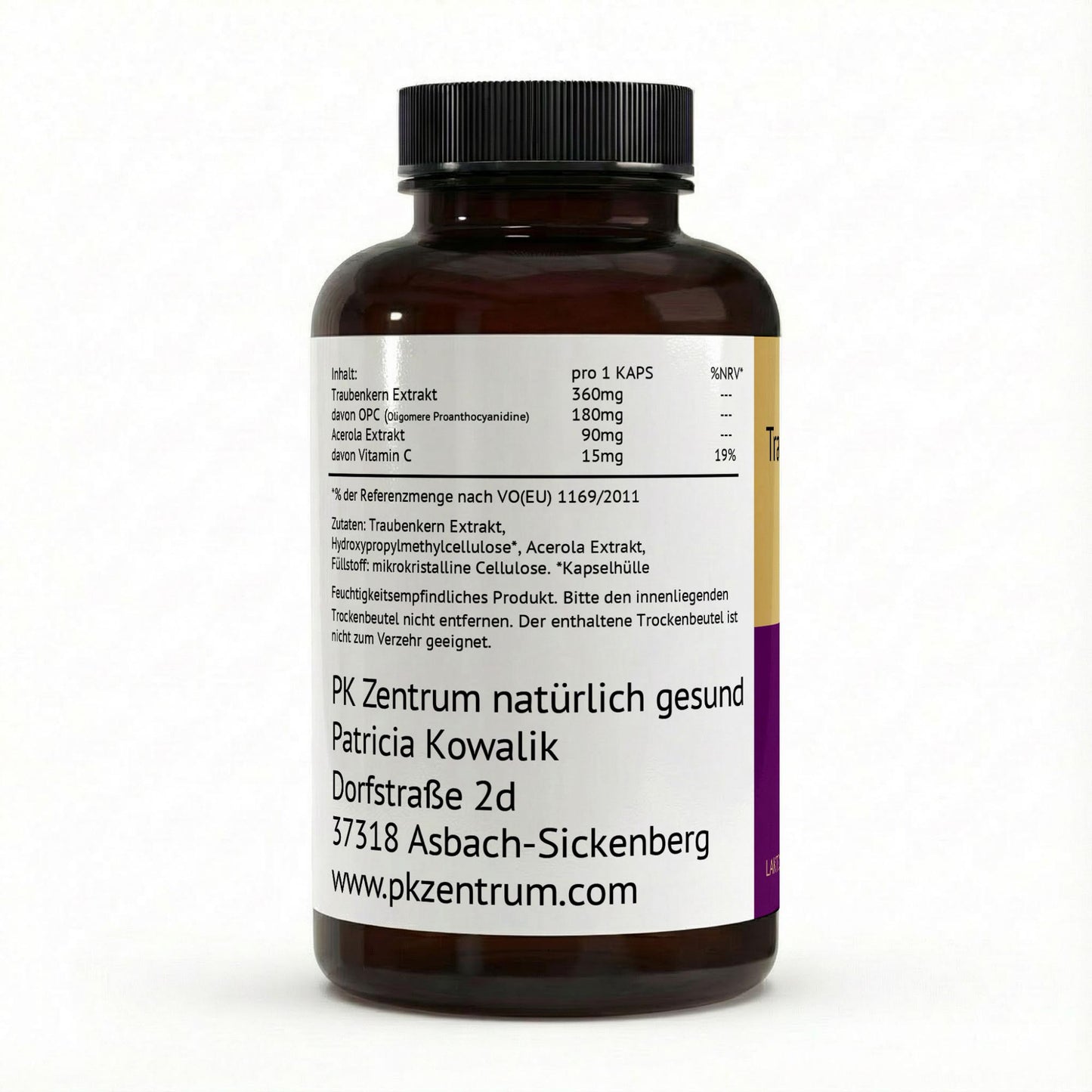 Detaillierte Nährwerttabelle und Zutaten des OPC Traubenkernextrakts mit Angabe von Vitamin C, Acerola Extrakt und angaben vom PK Zentrum natürlich gesund Patricia Kowalik.