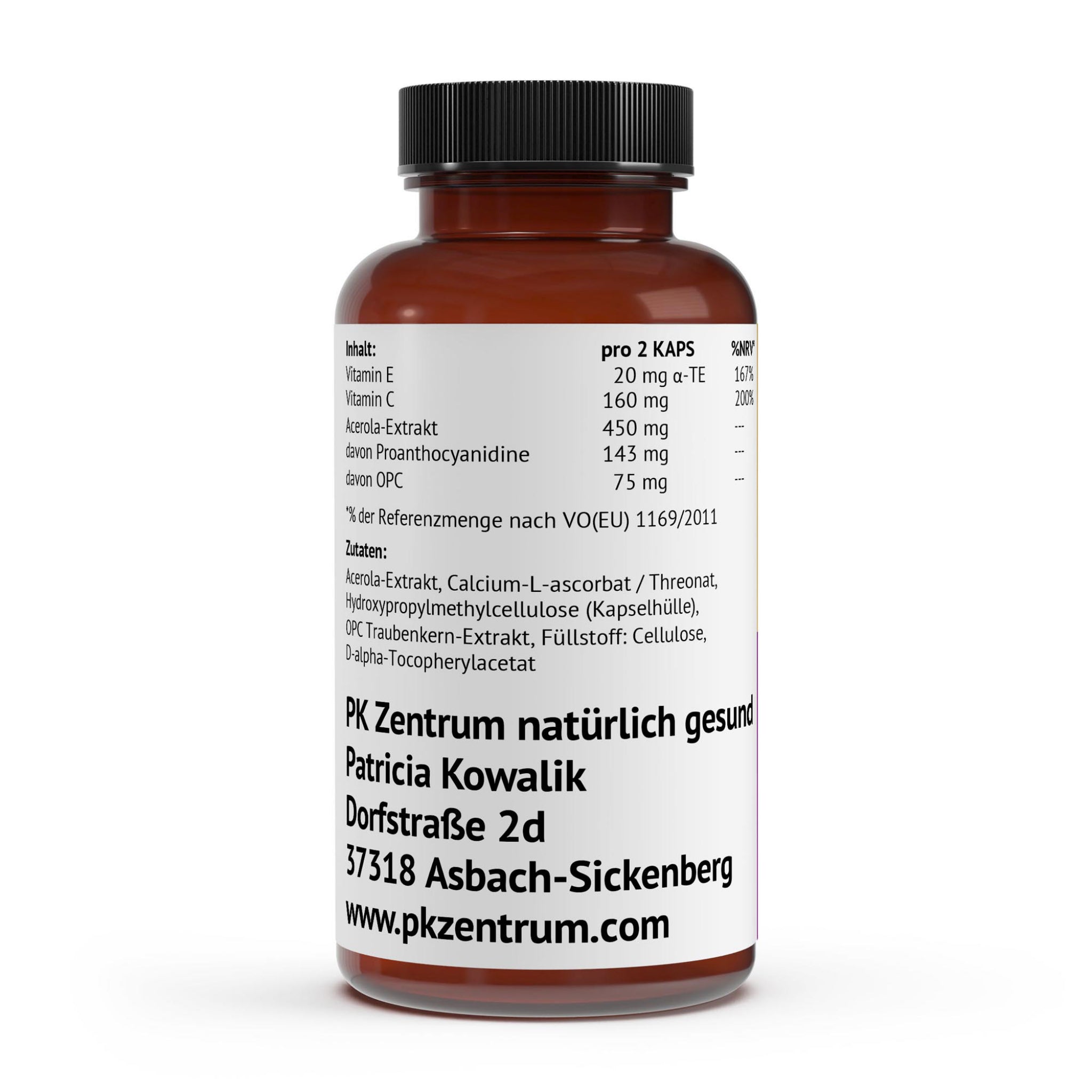 Detaillierte Nährwerttabelle des OPC Traubenkernextrakts von PK Zentrum mit Angabe von Vitamin C, Vitamin E und Acerola-Extrakt pro 2 Kapseln.
