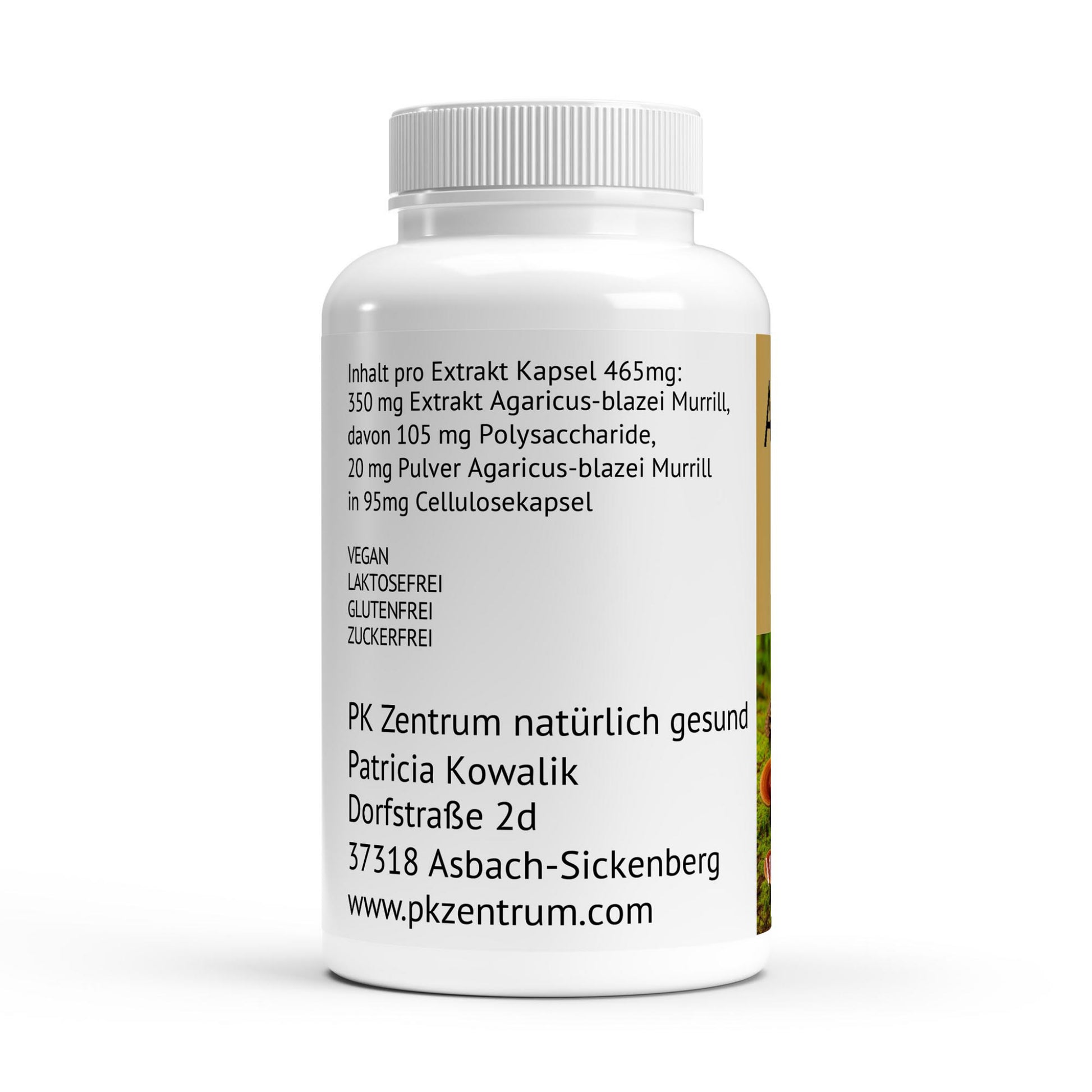 Etikett Agaricus Vitalpilz Extrakt mit Inhaltsstoffen.