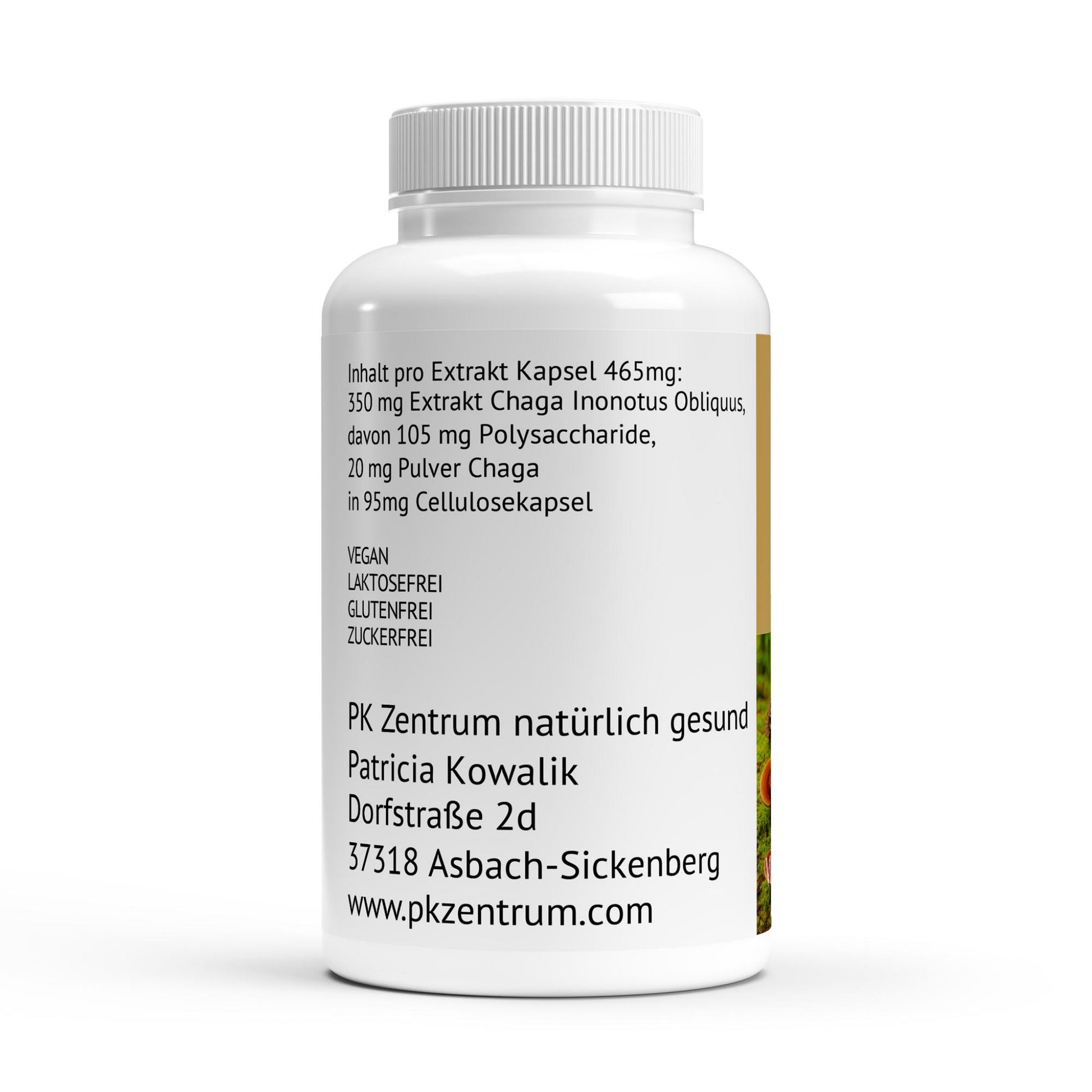 Etikett Shaka Vitalpilz Extrakt mit Inhaltsstoffen und Firmenangaben.