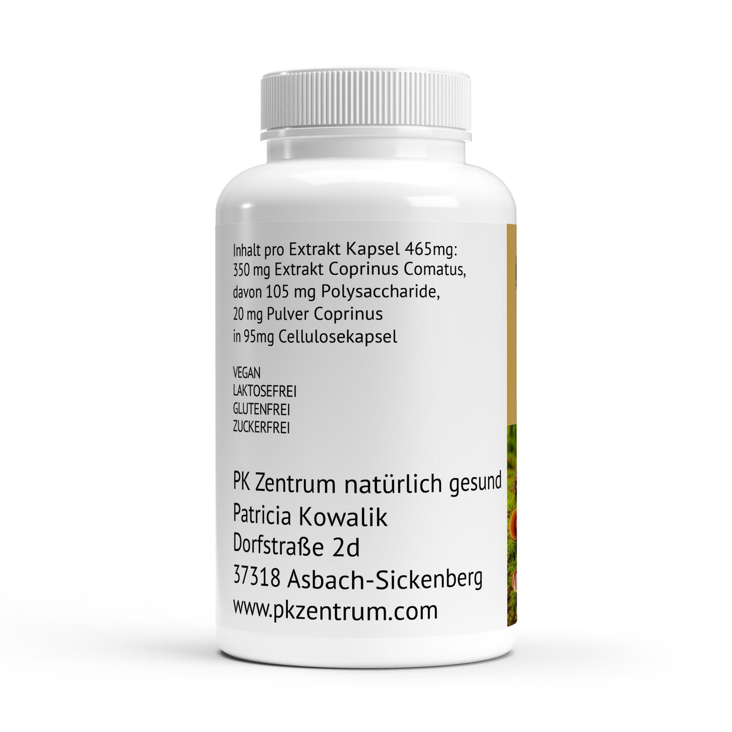 Etikett Coprinus Vitalpilz Extrakt mit Inhaltsstoffen.