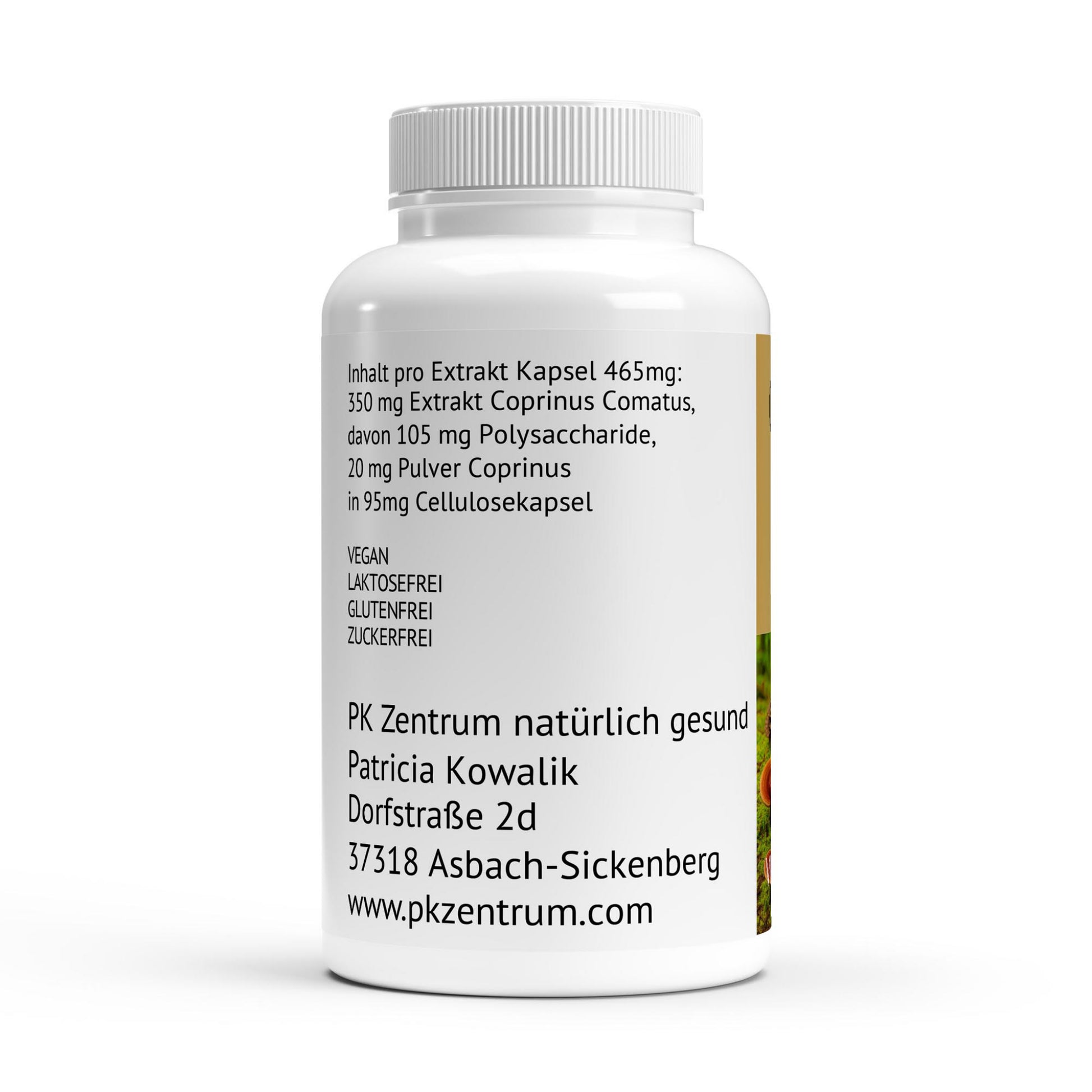 Etikett Coprinus Vitalpilz Extrakt mit Inhaltsstoffen.