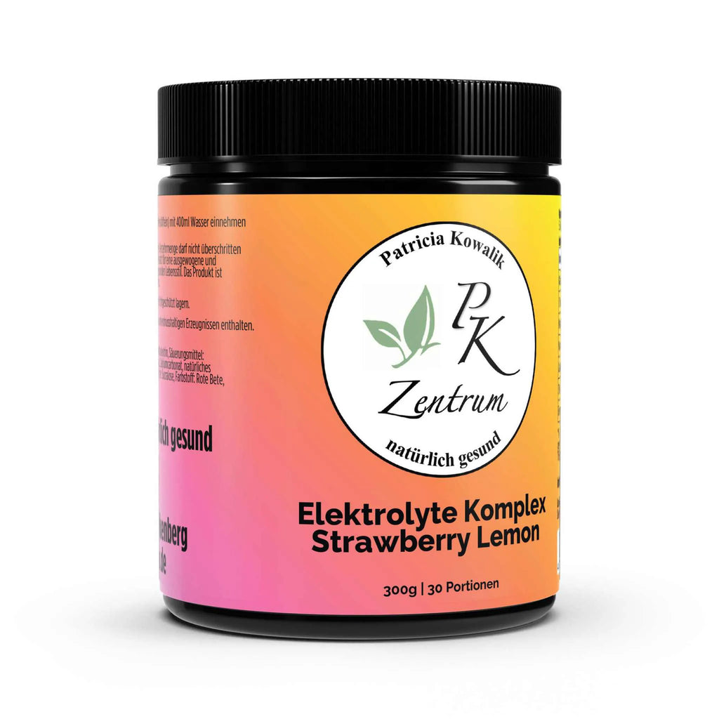Vorderseite der 300g Dose PK Zentrum Elektrolyte Komplex, Sorte Strawberry Lemon, für 30 Portionen.