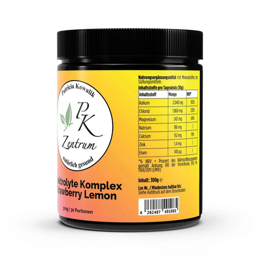 Detaillierte Tabelle der Inhaltsstoffe pro 10g Tagesdosis für PK Zentrum ElektrolyteKomplex, inklusive NRV-Werten für Kalium, Chlorid, Magnesium und Calcium.