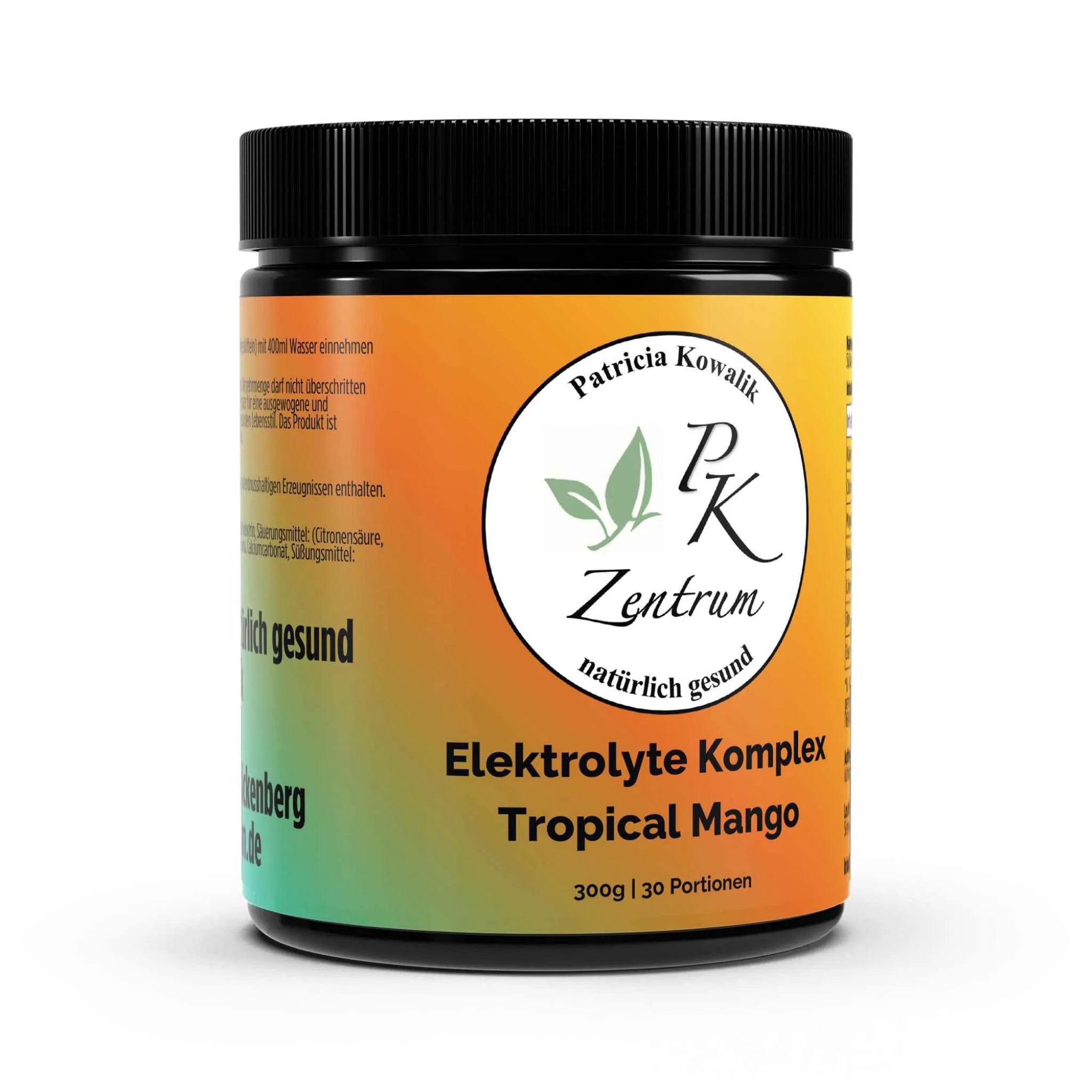 Vorderseite der 300g Dose PK Zentrum Elektrolyte Komplex, Sorte Tropical Mango, für 30 Portionen.