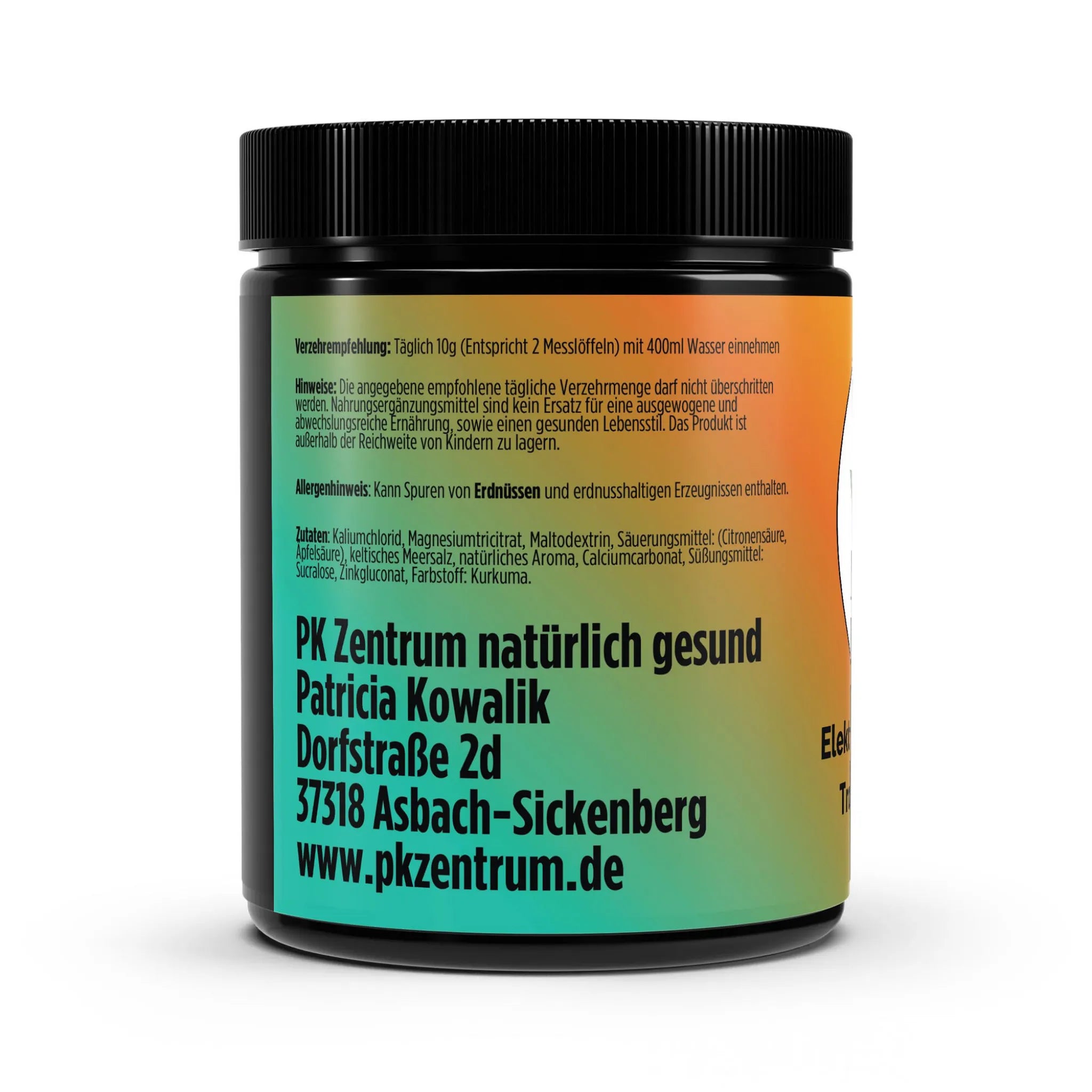 Rückseite des Etiketts mit Verzehrempfehlung, Zutatenliste und Herstelleradresse von PK Zentrum natürlich gesund.