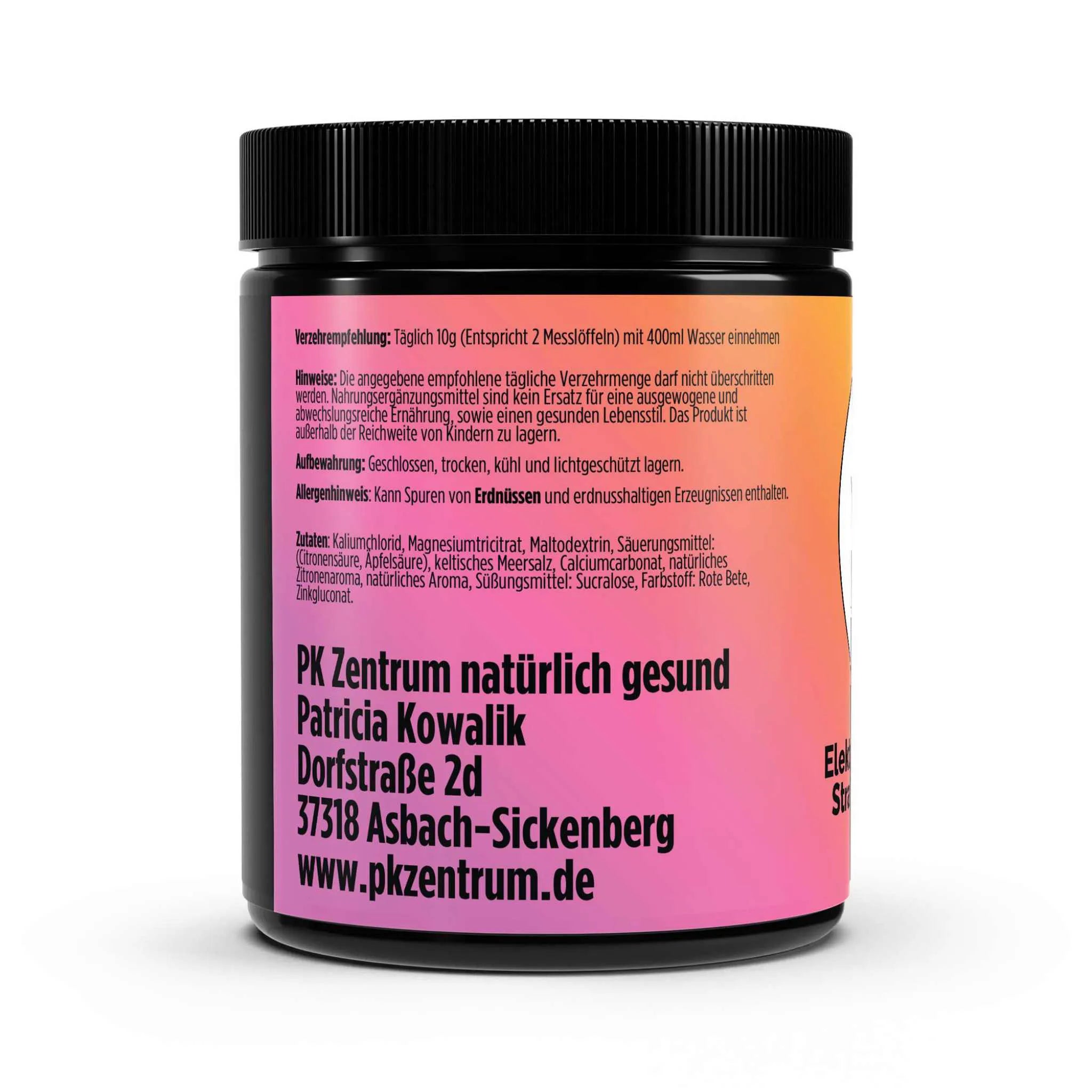 Rückseite des Etiketts mit Verzehrempfehlung, Zutatenliste und Herstelleradresse von PK Zentrum natürlich gesund.