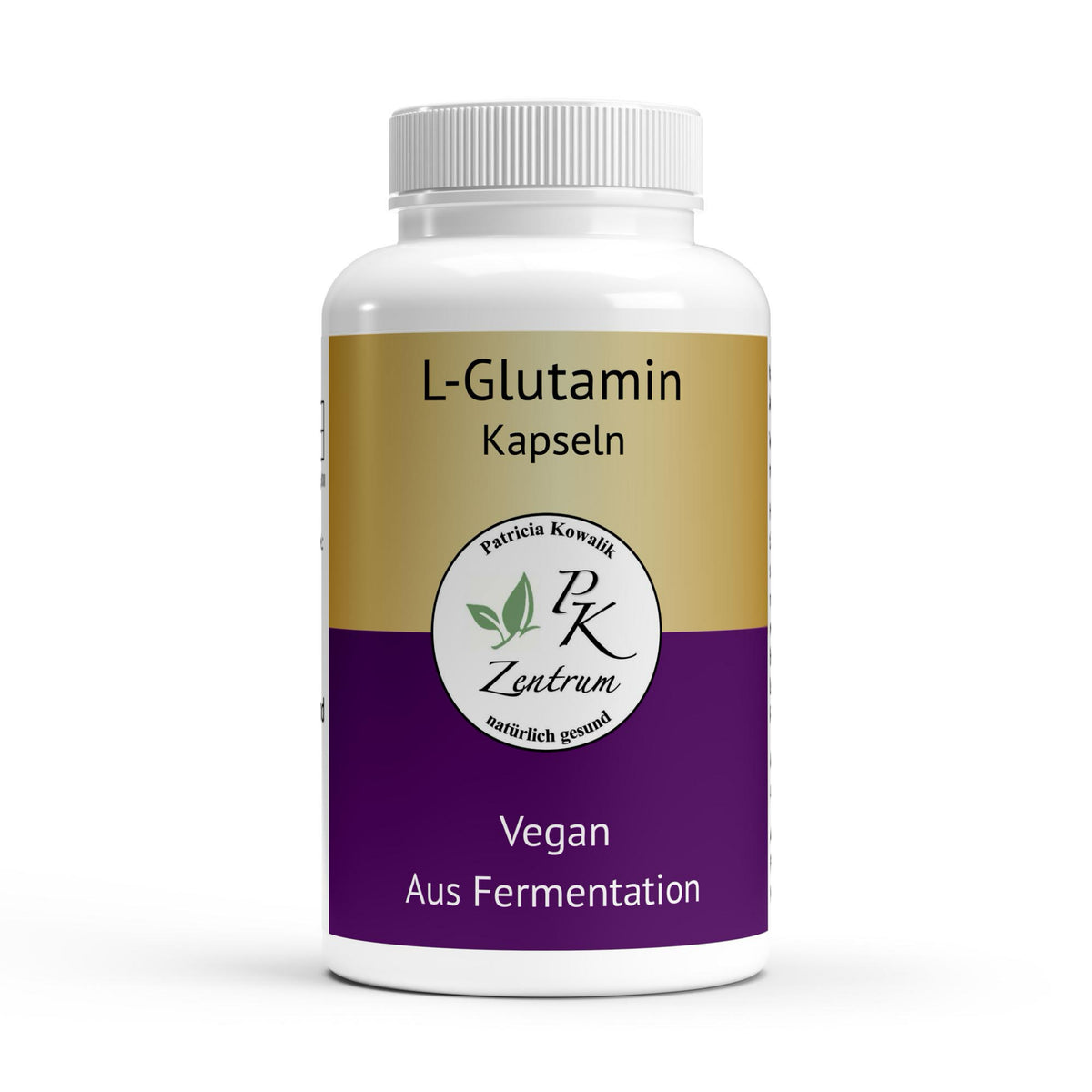 PK Zentrum L-Glutamin Kapseln, 120 Stück, vegan und aus Fermentation gewonnen, Produktdose mit gold-lila Etikett.