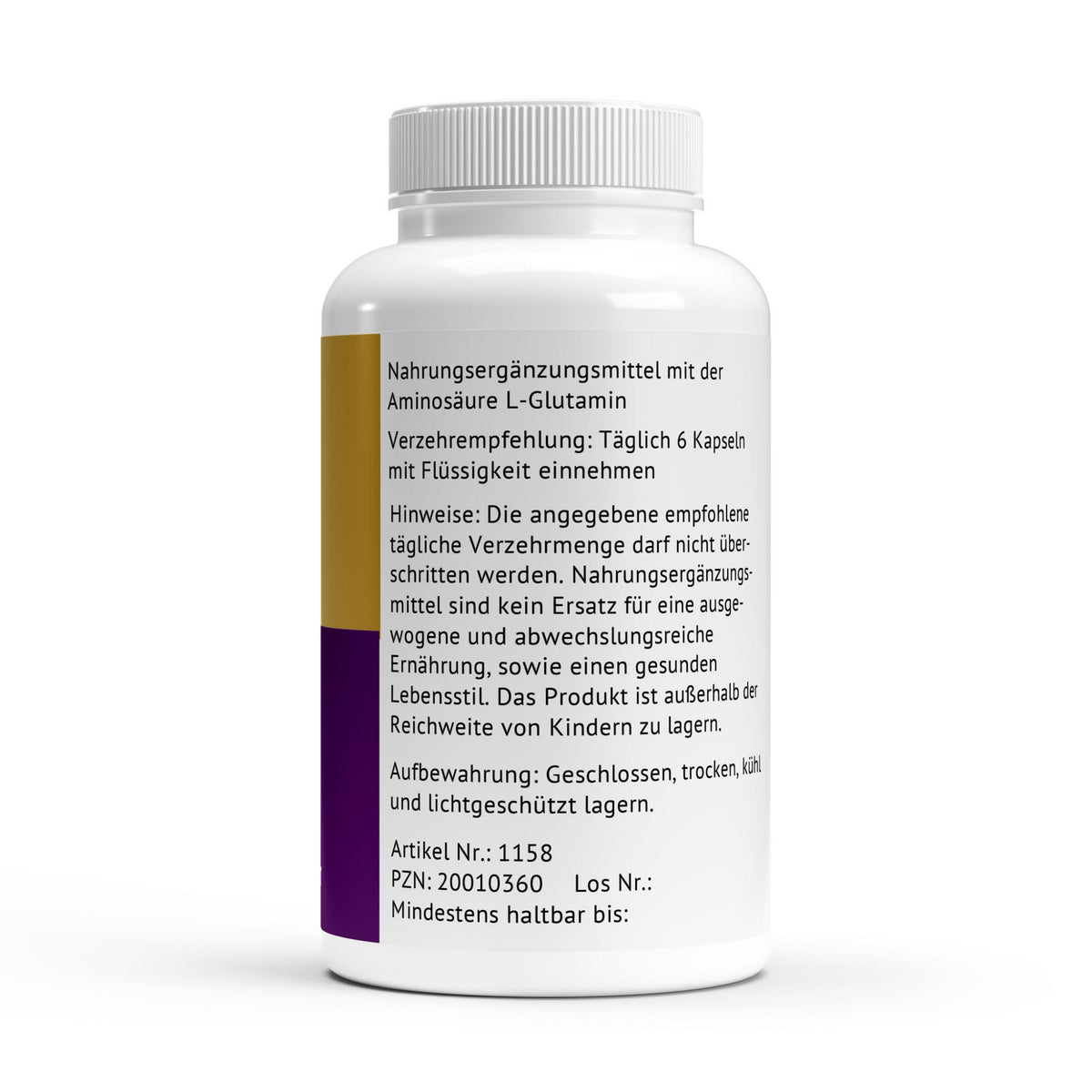 Seitenansicht der PK Zentrum L-Glutamin Kapseln mit Angaben zur Verzehrempfehlung und Produktinformationen auf dem Etikett.