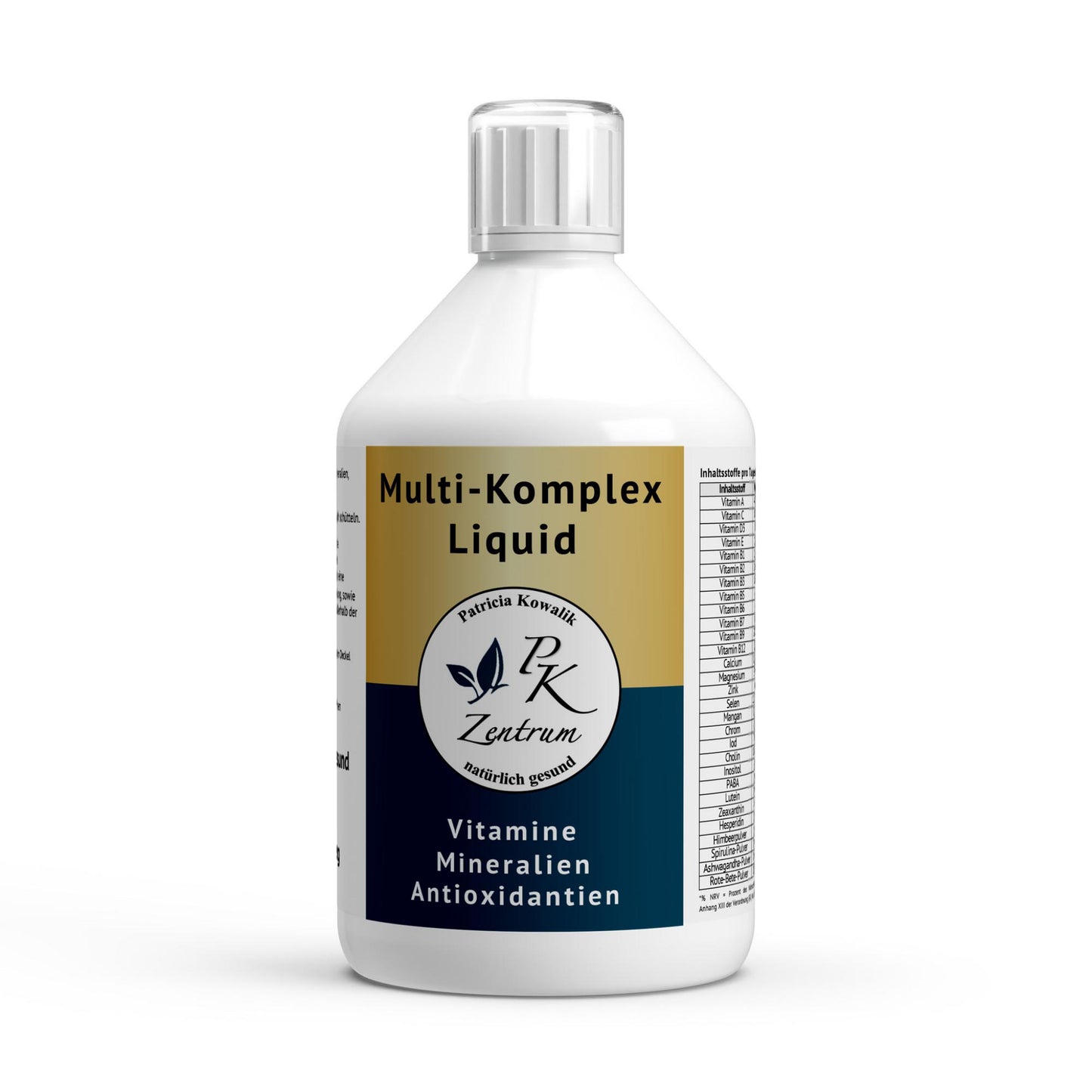 Vorderansicht der Multi-Komplex Liquid Flasche mit Vitaminen und Mineralien von PK Zentrum natürlich gesund Patricia Kowalik.
