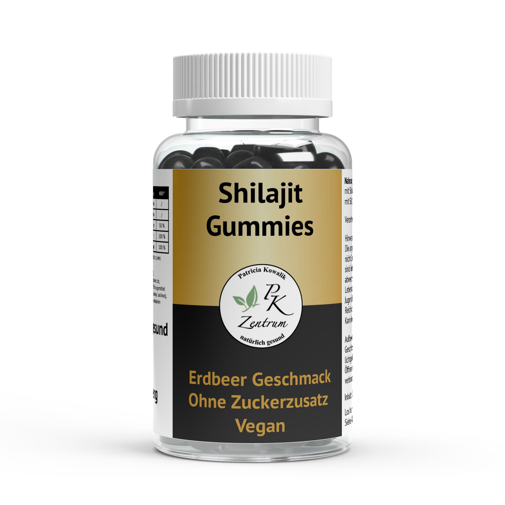 PK Zentrum natürlich gesund, Dose mit Shilajit Gummies, vegan, ohne Zuckerzusatz, Erdbeer-Geschmack.