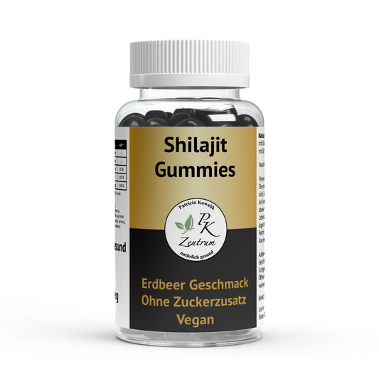 PK Zentrum natürlich gesund, Dose mit Shilajit Gummies, vegan, ohne Zuckerzusatz, Erdbeer-Geschmack.