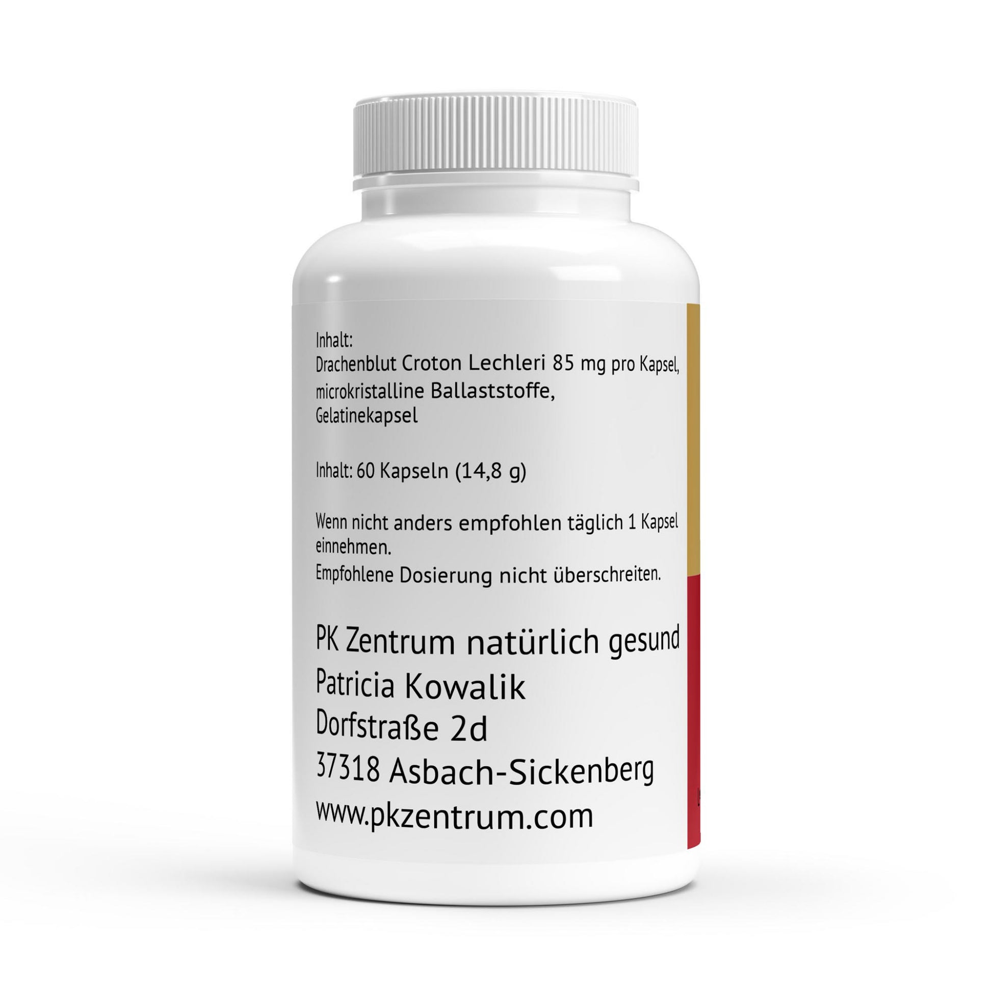 Übersicht der Inhaltsstoffe und Dosierung der Sangre de Drago Kapseln vom PK Zentrum natürlich gesund Patricia Kowalik.