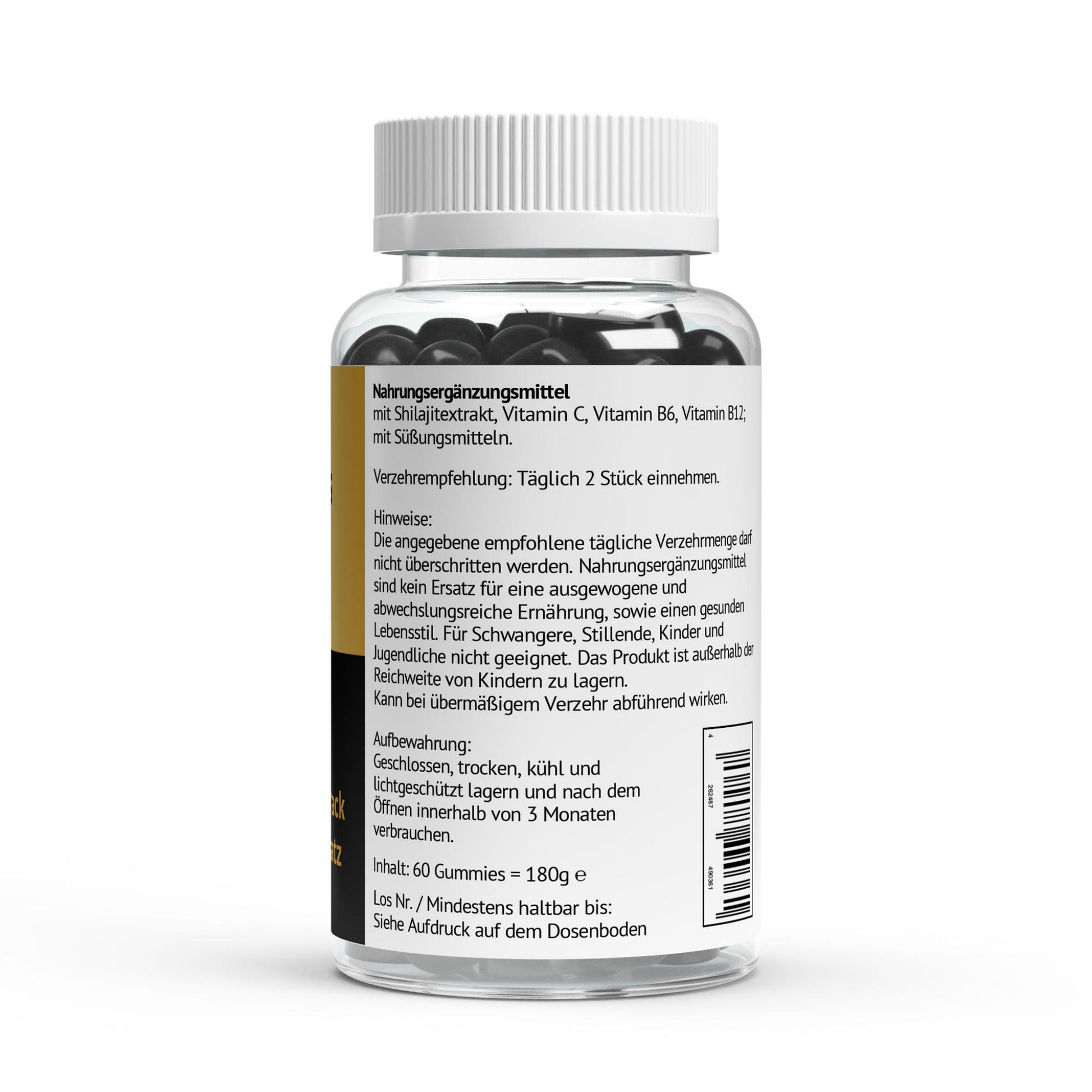 PK Zentrum natürlich gesund, Rückseite der Dose mit Verzehrempfehlung und Inhaltsstoffen der Shilajit Gummies.