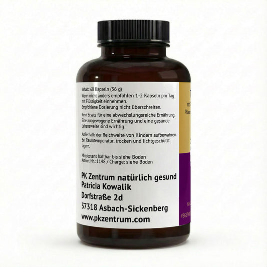 Rückseite der PK Zentrum TagesBasis Flasche mit Verzehrempfehlung von 1-2 Kapseln pro Tag, Lagerungshinweisen und Adresse vom PK Zentrum natürlich gesund, Patricia Kowalik.