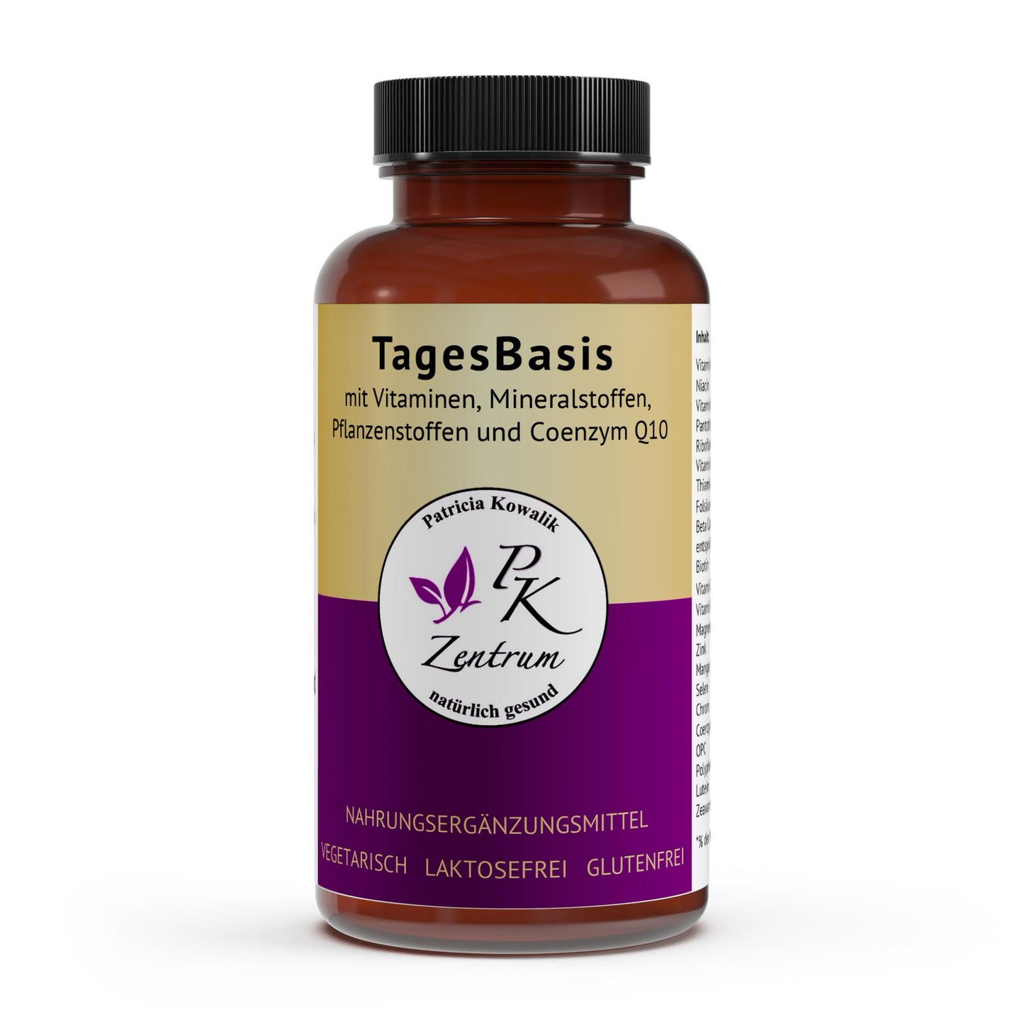 PK Zentrum TagesBasis Nahrungsergänzungsmittel mit Vitaminen, Mineralstoffen und Coenzym Q10 in einer braunen Kapselflasche – Vorderseite.