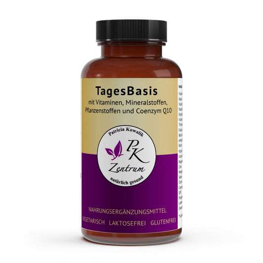PK Zentrum TagesBasis Nahrungsergänzungsmittel mit Vitaminen, Mineralstoffen und Coenzym Q10 in einer braunen Kapselflasche – Vorderseite.