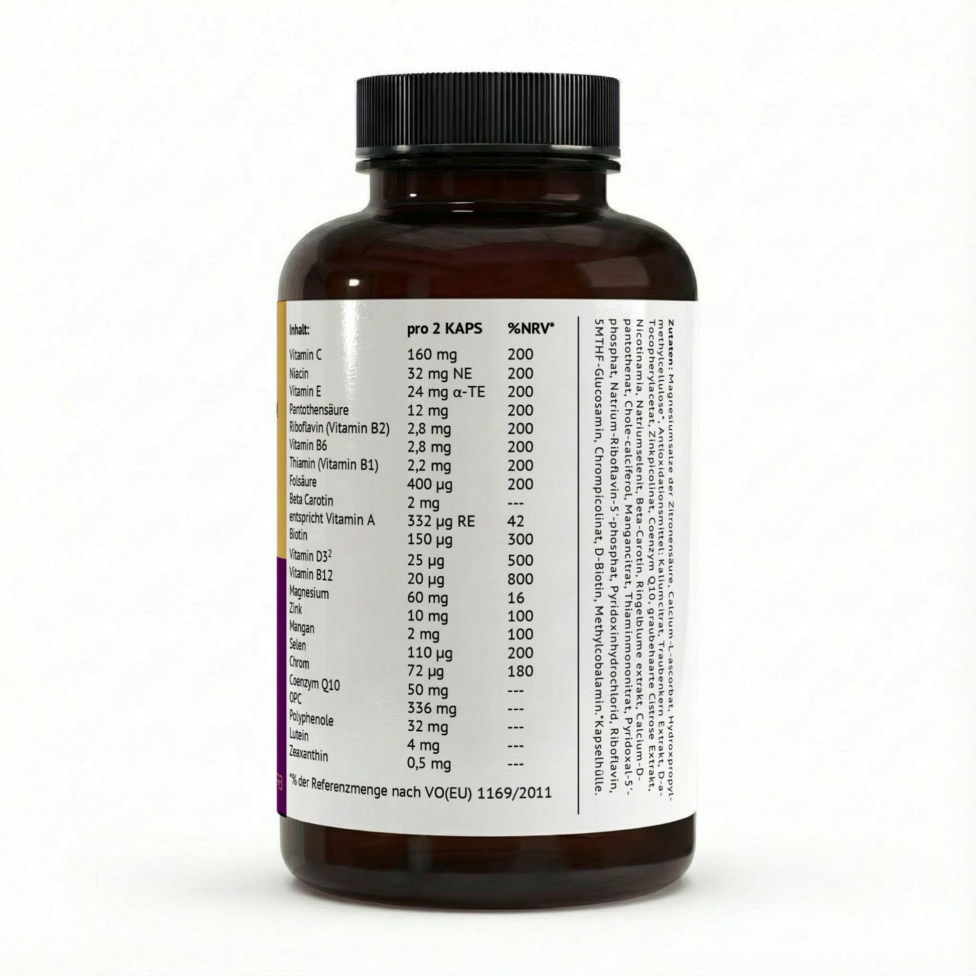 Inhaltsstoffe und Nährwerttabelle pro 2 Kapseln der PK Zentrum TagesBasis mit Prozentangaben der Referenzmenge (NRV) für Vitamine und Mineralstoffe.