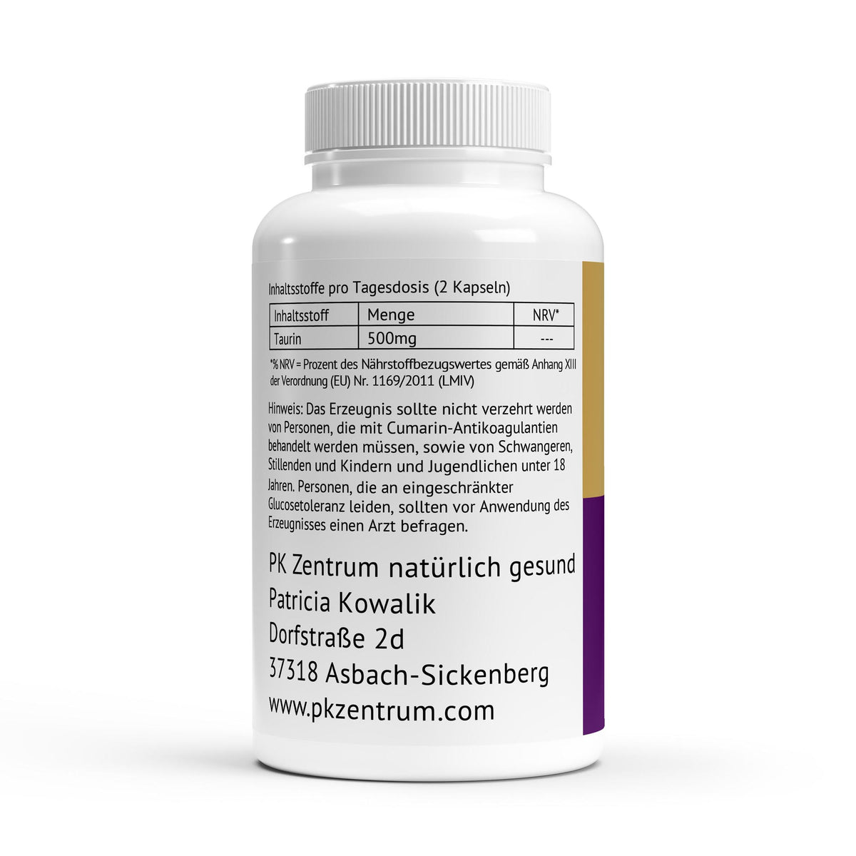 Etikett der PK Zentrum Taurin Kapseln mit Nährstofftabelle: 500 mg Taurin pro Tagesdosis von zwei Kapseln sowie Hersteller- und Warnhinweisen.