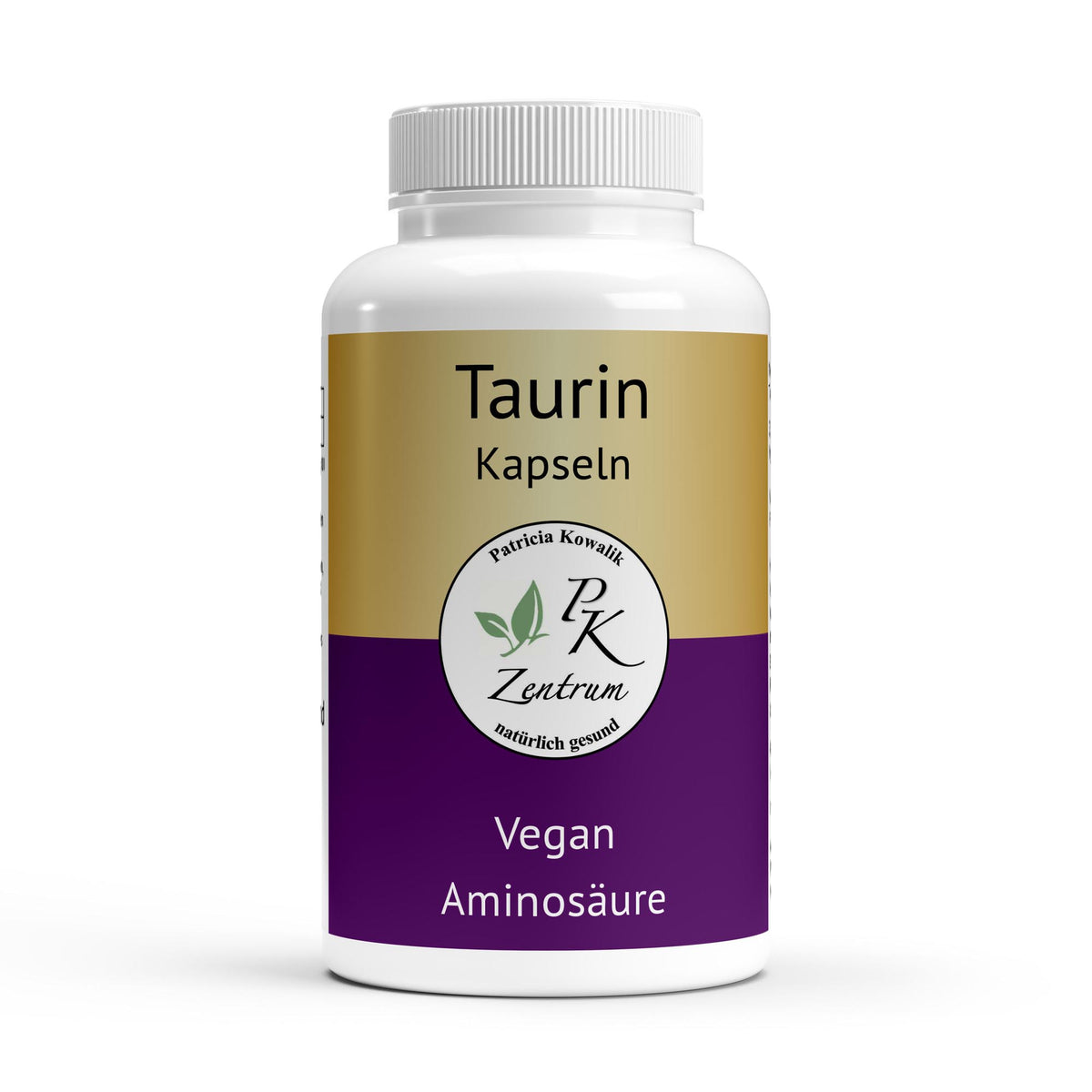 PK Zentrum Taurin Kapseln in weißer Dose mit gold-lila Etikett, 60 Kapseln, veganes Nahrungsergänzungsmittel.