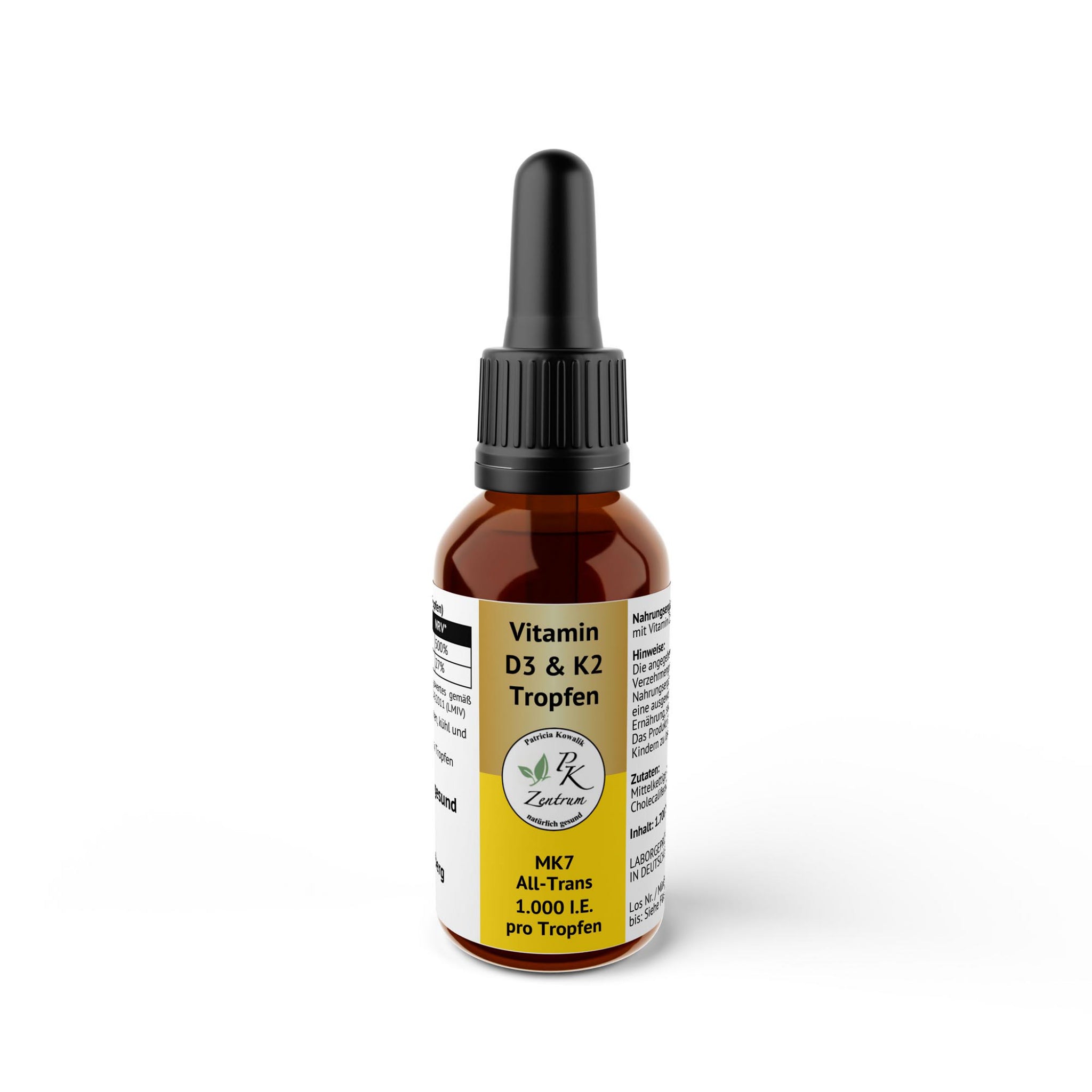 Frontansicht der Vitamin D3 und K2 Tropfen Flasche mit 1.000 I.E. pro Tropfen und MK7 All-Trans Logo vom PK Zentrum natürlich gesund.