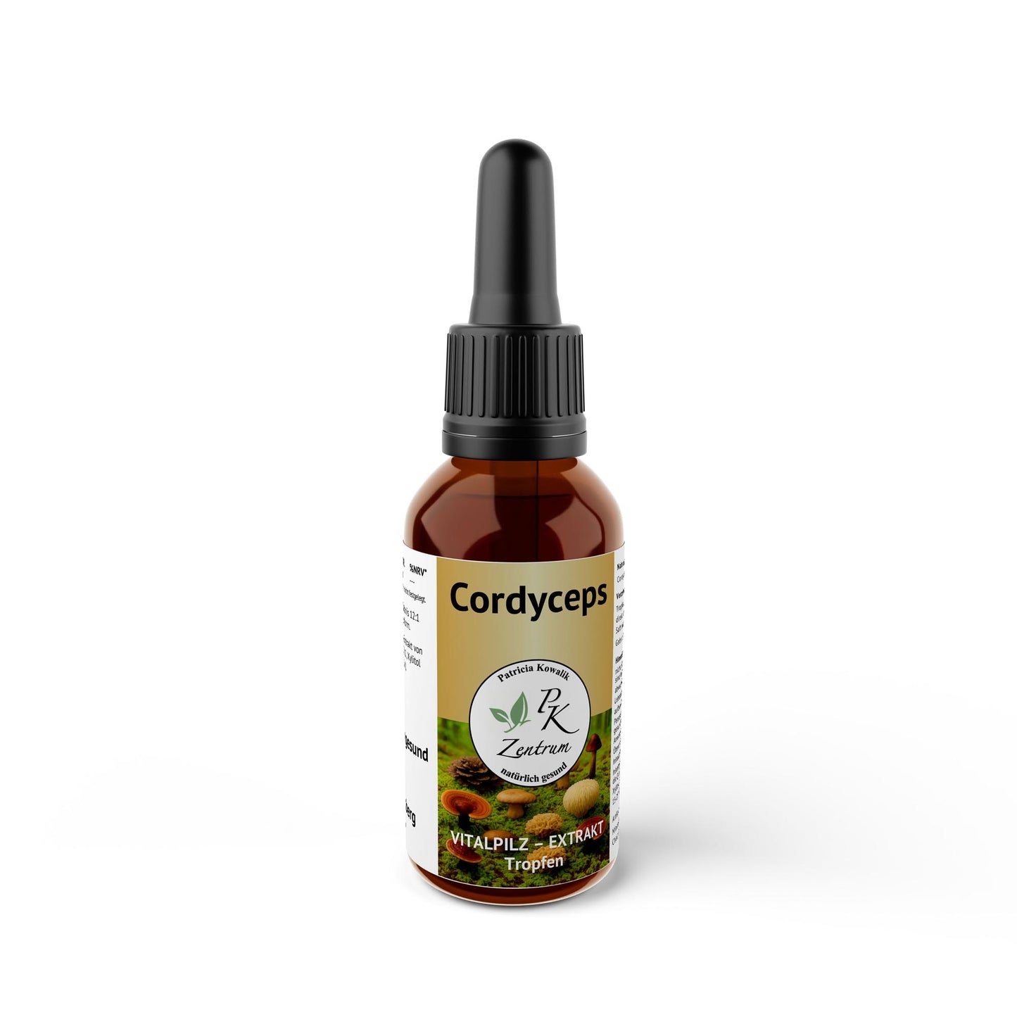 Perspektivische Ansicht der 100ml Flasche Cordyceps Vitalpilz-Extrakt von PK Zentrum.