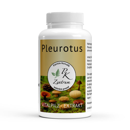 Vorderansicht der Dose Pleurotus Vitalpilz-Extrakt von PK Zentrum natürlich gesund Patricia Kowalik.