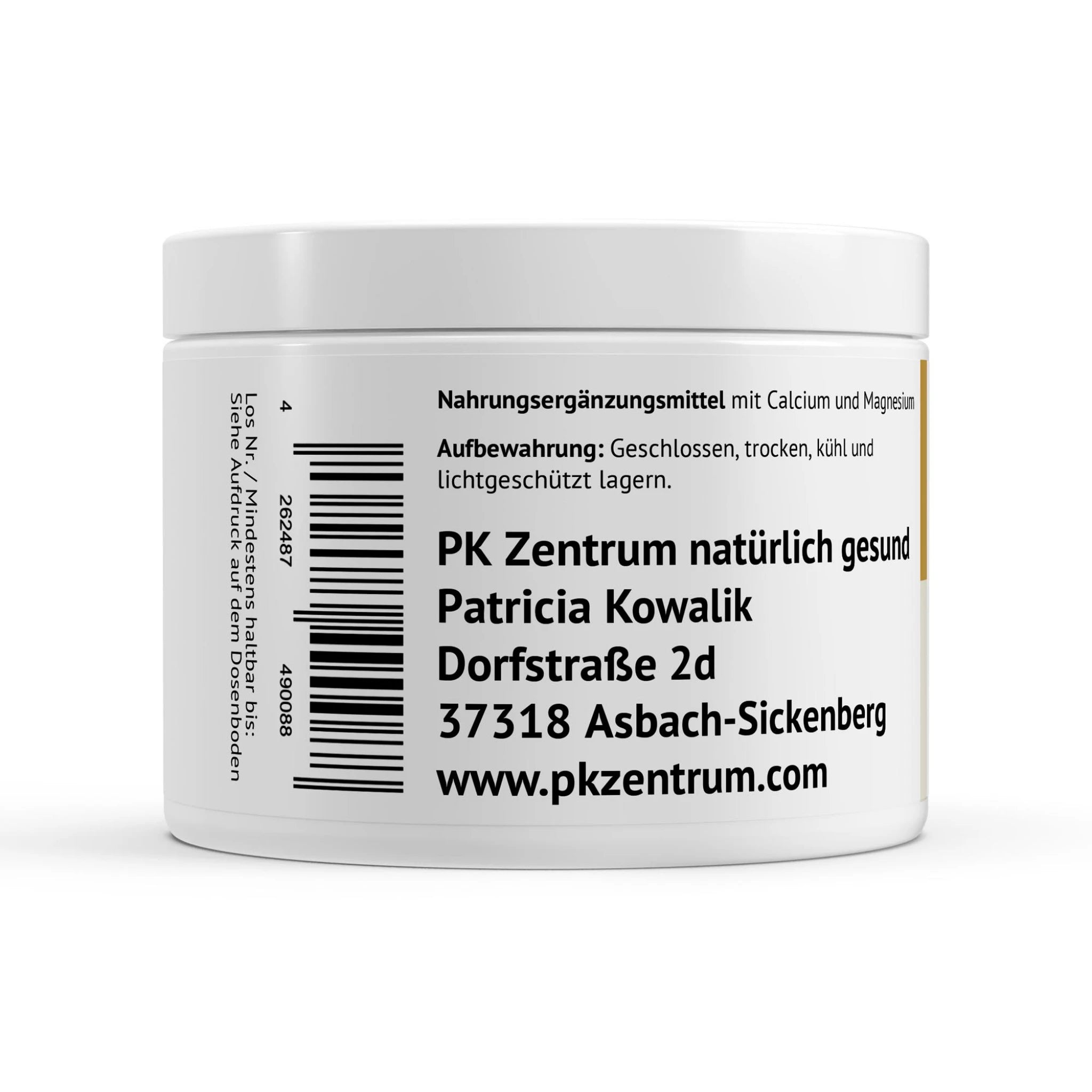Dose Rückansicht, Nahrungsergänzungsmittel mit Calcium und Magnesium, Aufbewahrung und Hersteller Angaben vom Pk Zentrum natürlich gesund.
