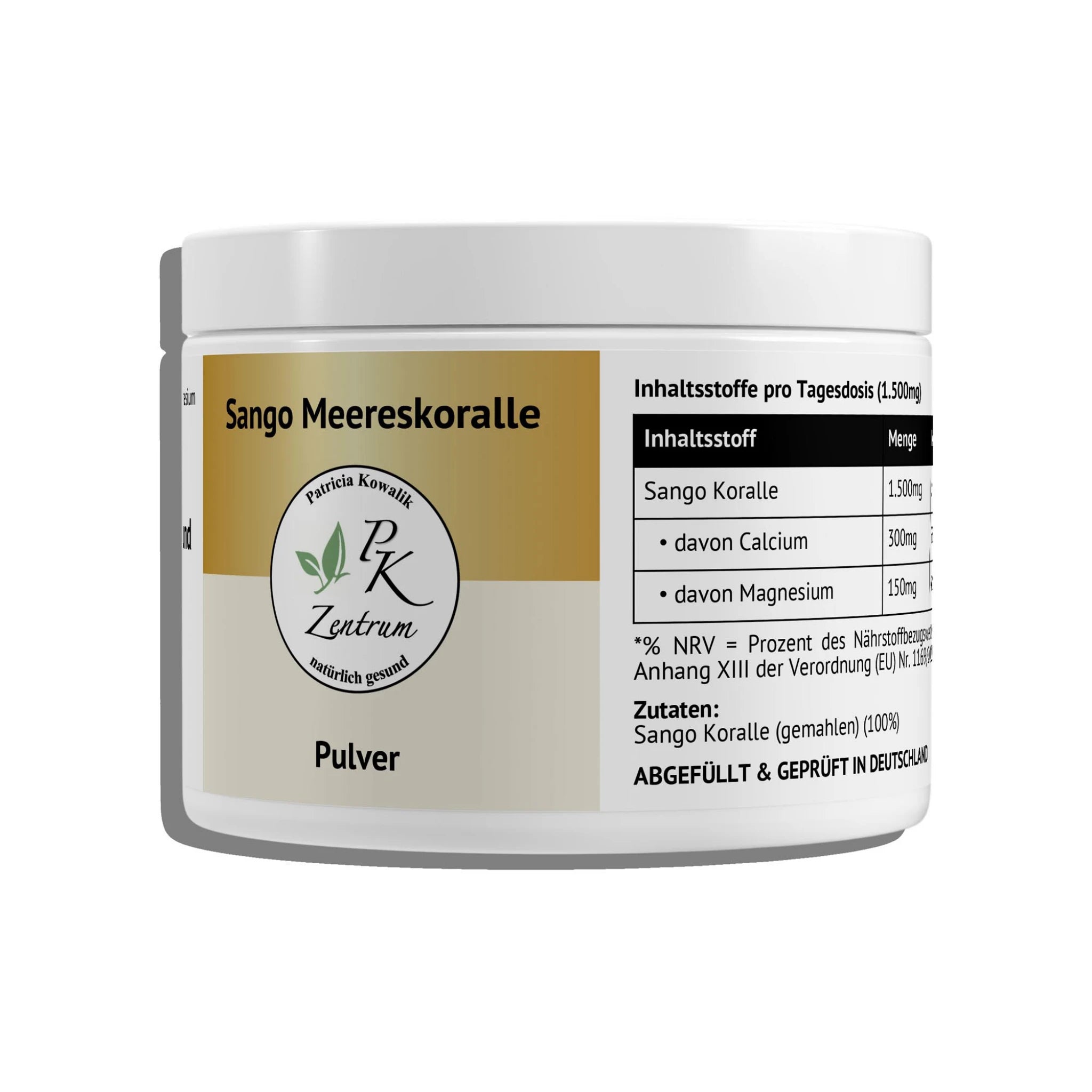 Detailansicht des Labels der Sango Meereskoralle mit dem Logo von PK - Zentrum natürlich gesund.