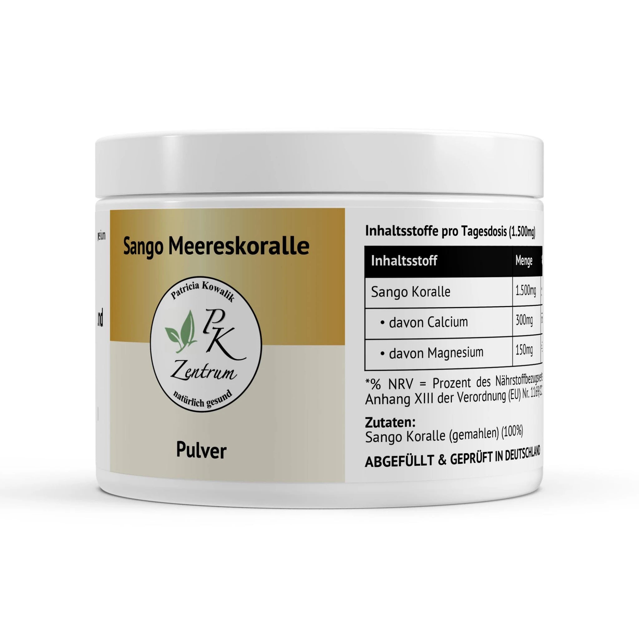 Nährwerttabelle der Sango Meereskoralle mit 300mg Calcium und 150mg Magnesium im 2:1 Verhältnis, Zutaten.
