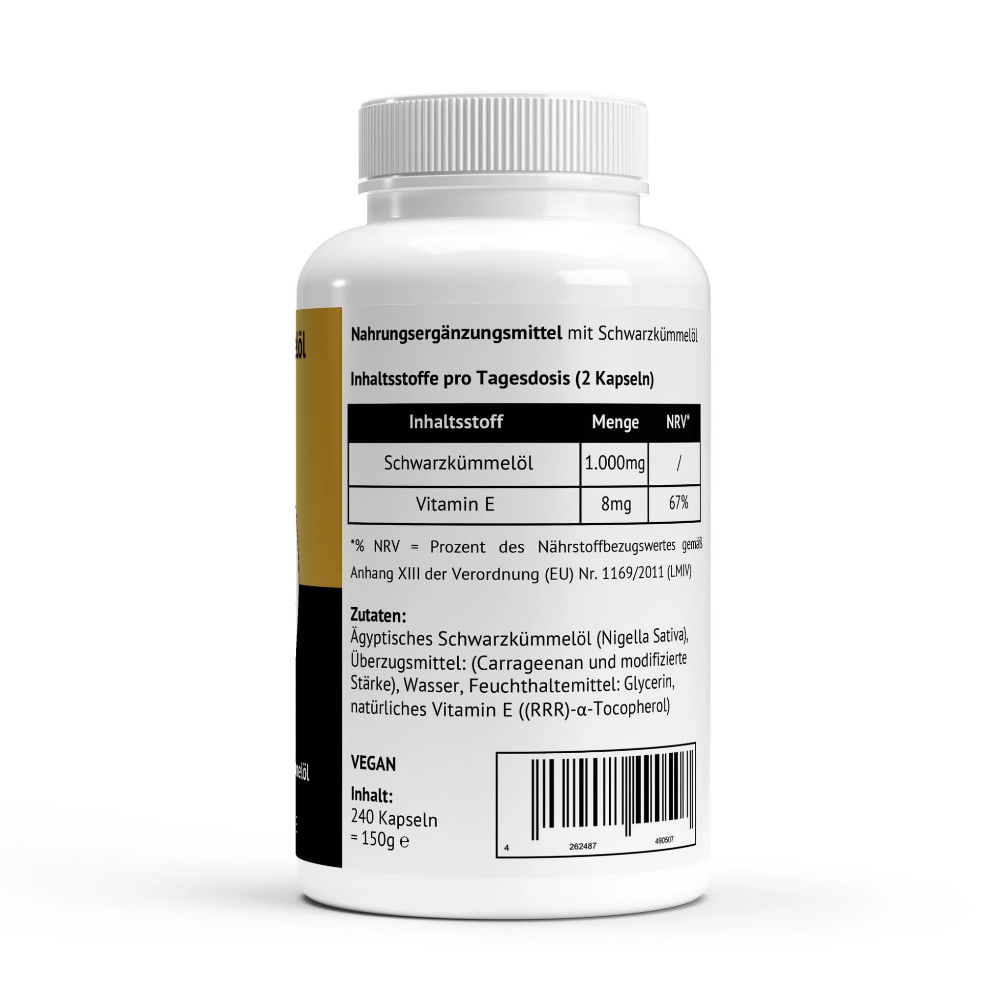 Nährwerttabelle und Zutatenliste des Ägyptischen Schwarzkümmelöls mit 1.000mg Öl und 8mg Vitamin E pro Tagesdosis.