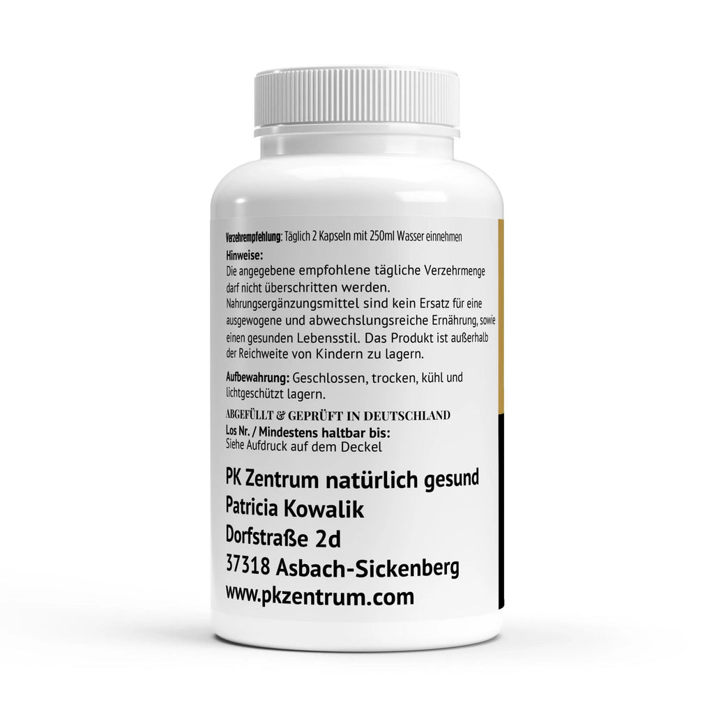 ückansicht der Dose mit Hinweisen zur Einnahme (2 Kapseln täglich), Lagerung und den Kontaktdaten des PK Zentrums in Asbach-Sickenberg.