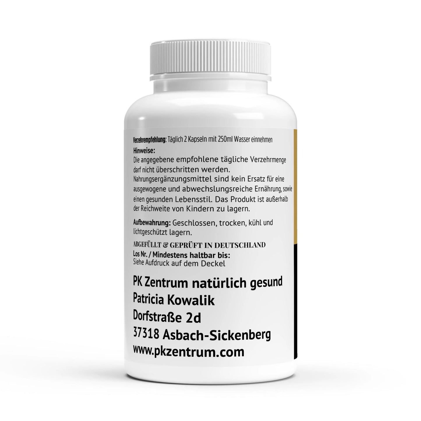 ückansicht der Dose mit Hinweisen zur Einnahme (2 Kapseln täglich), Lagerung und den Kontaktdaten des PK Zentrums in Asbach-Sickenberg.