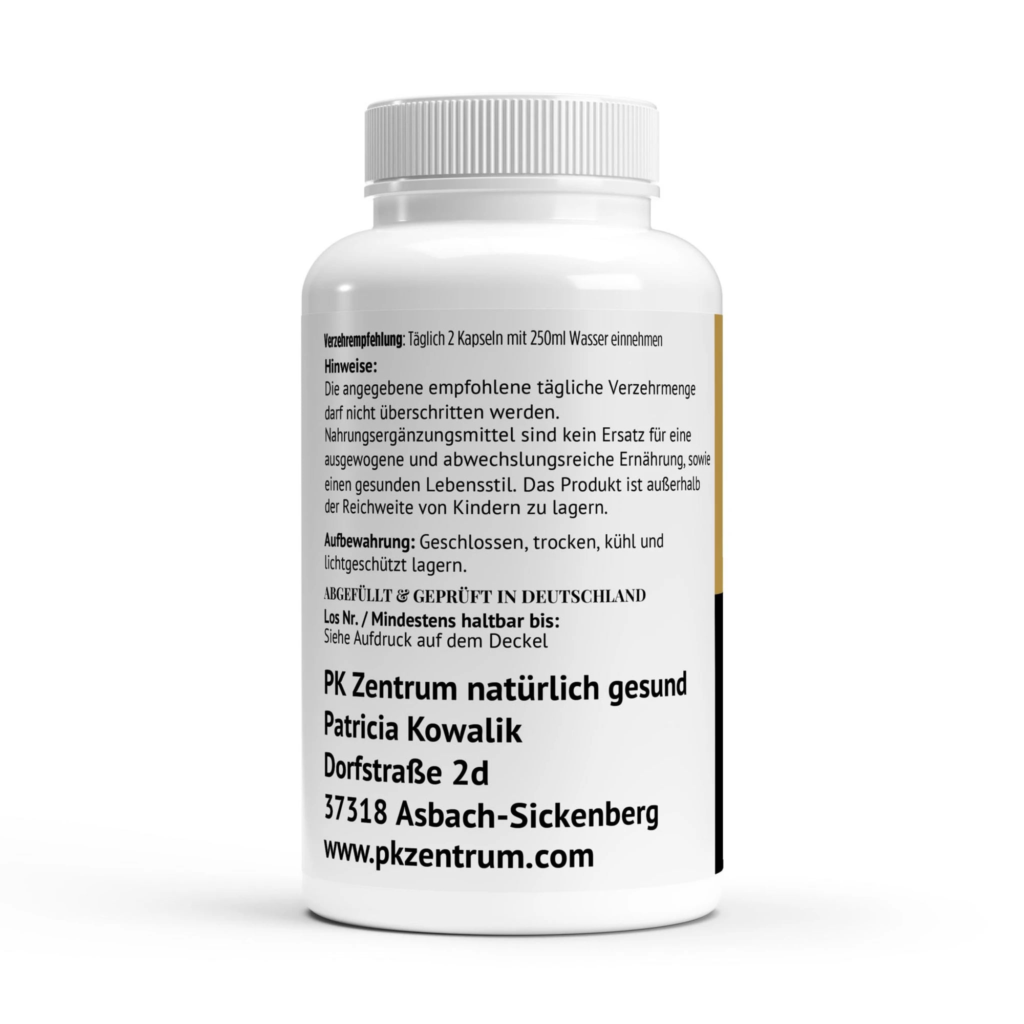 ückansicht der Dose mit Hinweisen zur Einnahme (2 Kapseln täglich), Lagerung und den Kontaktdaten des PK Zentrums in Asbach-Sickenberg.
